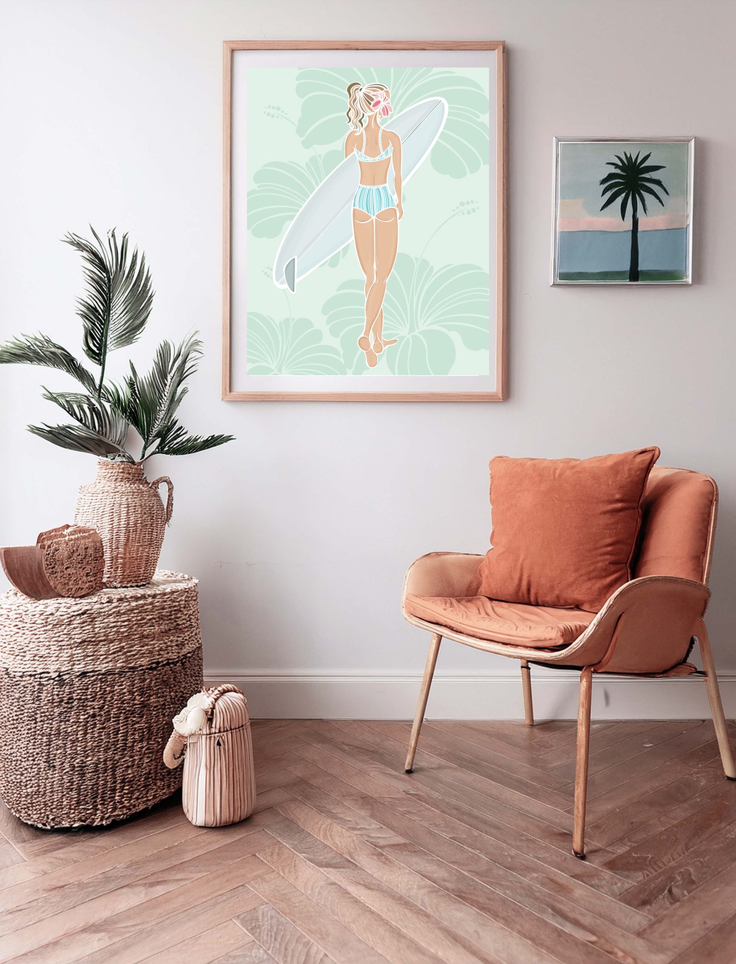 Hibiscus Surfer Girl – Hand-Drawn Art Illustration Print