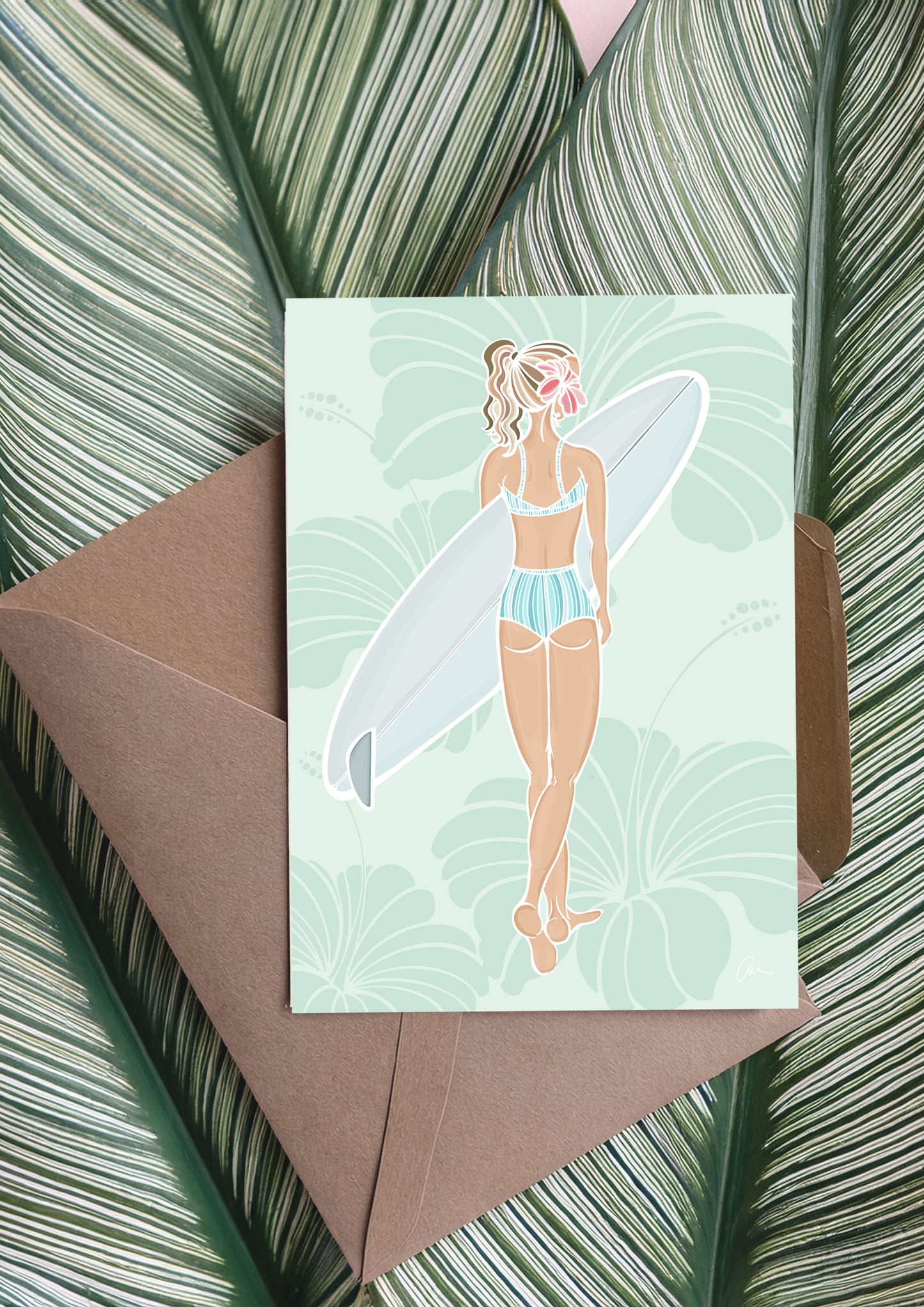 Surfer Girl Greeting Card – Tropical Hibiscus Surfer Chick Illustration