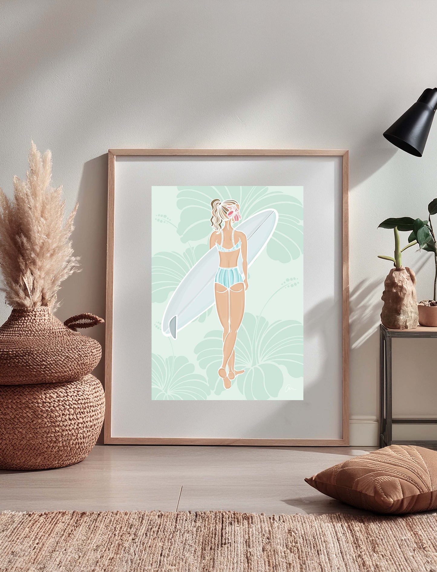 Hibiscus Surfer Girl – Hand-Drawn Art Illustration Print