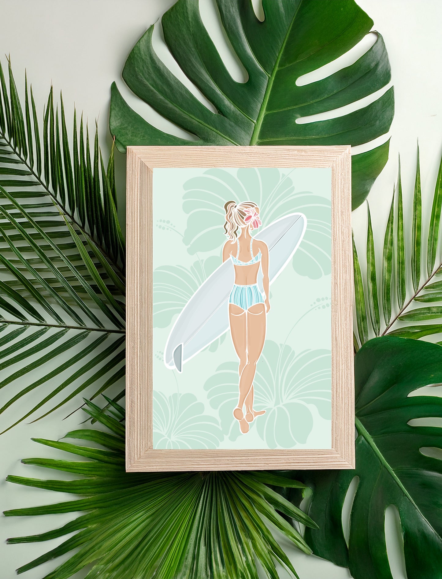 Hibiscus Surfer Girl – Hand-Drawn Art Illustration Print