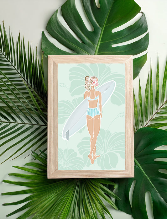 Hibiscus Surfer Girl – Hand-Drawn Art Illustration Print