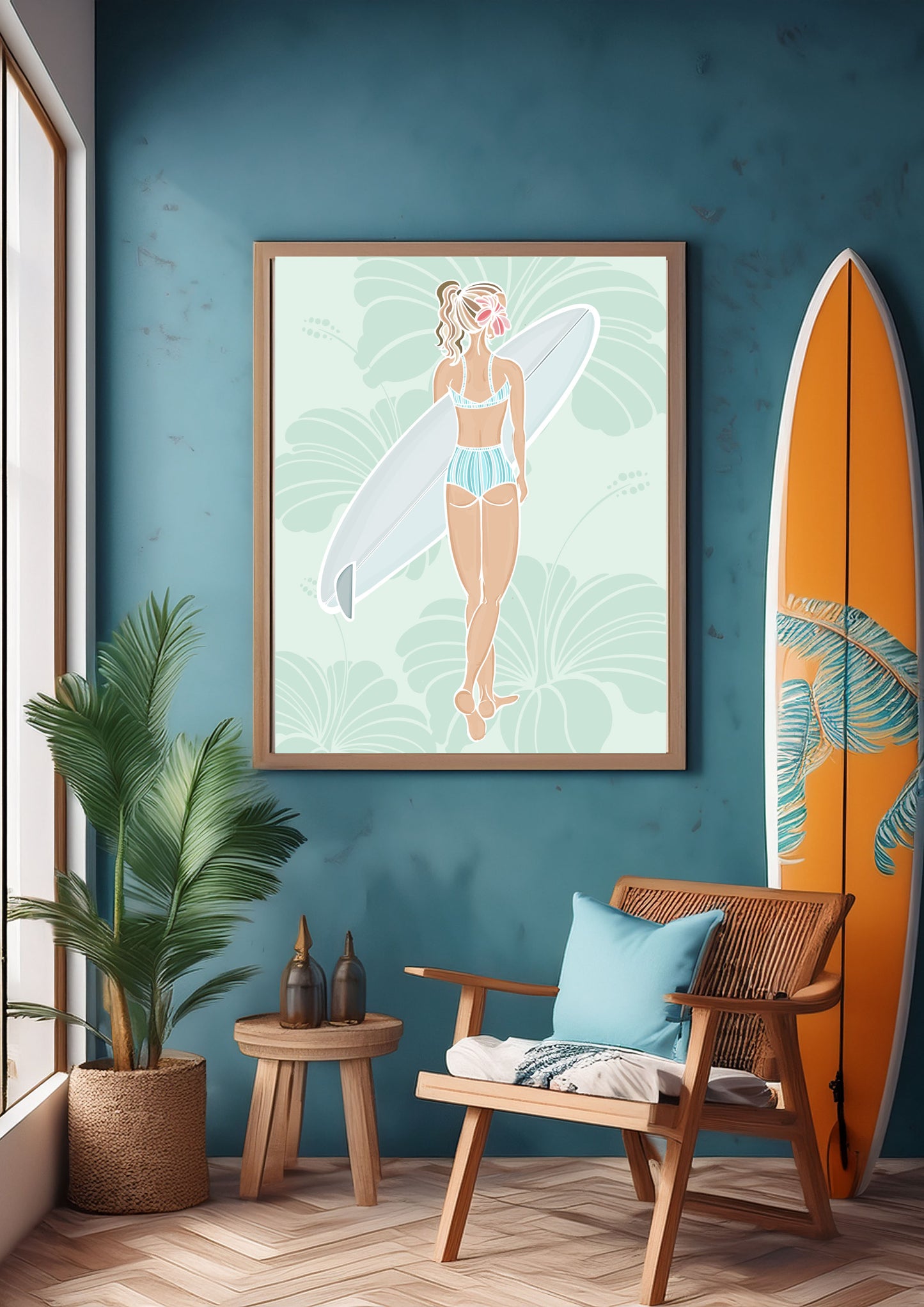Hibiscus Surfer Girl – Hand-Drawn Art Illustration Print