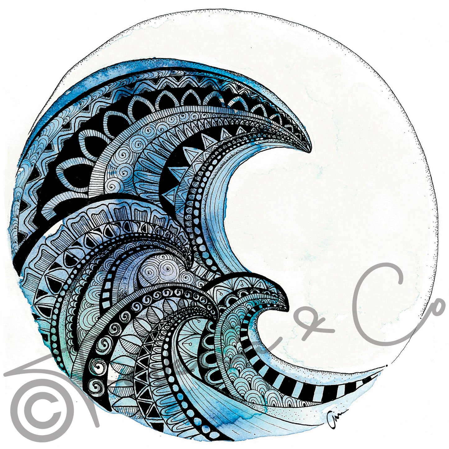 Mandala Wave Art Print – Hand-Painted surf Watercolour & Geometric Ink Illustration