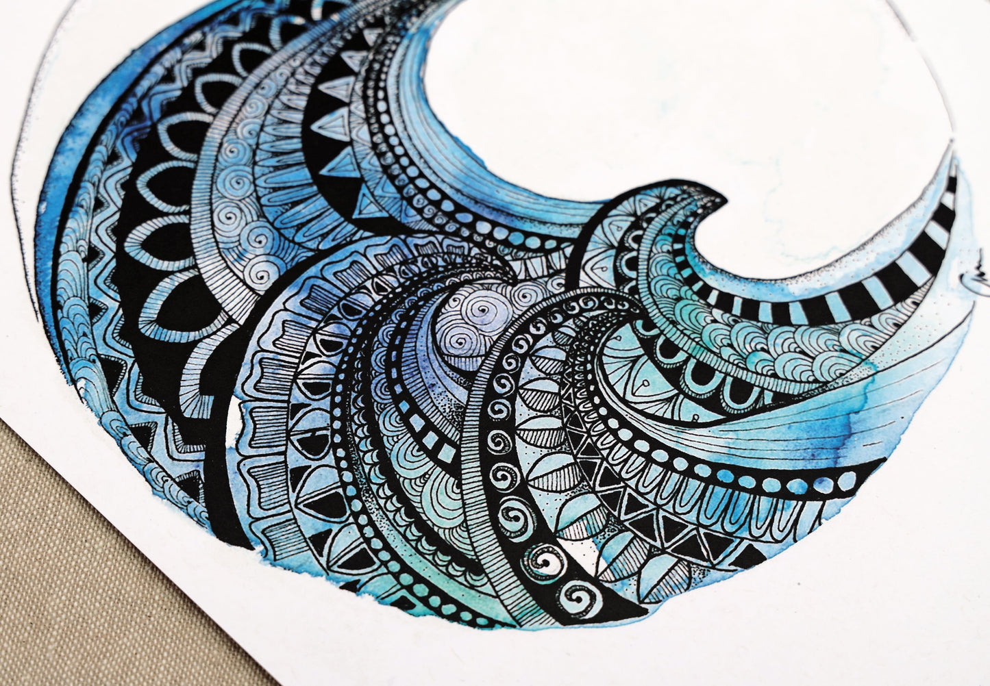 Mandala Wave Art Print – Hand-Painted surf Watercolour & Geometric Ink Illustration