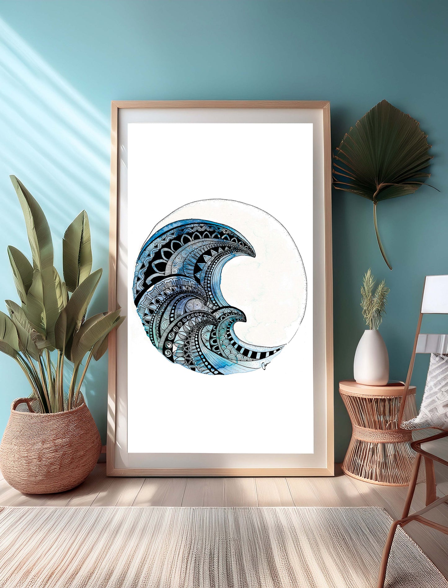 Mandala Wave Art Print – Hand-Painted surf Watercolour & Geometric Ink Illustration