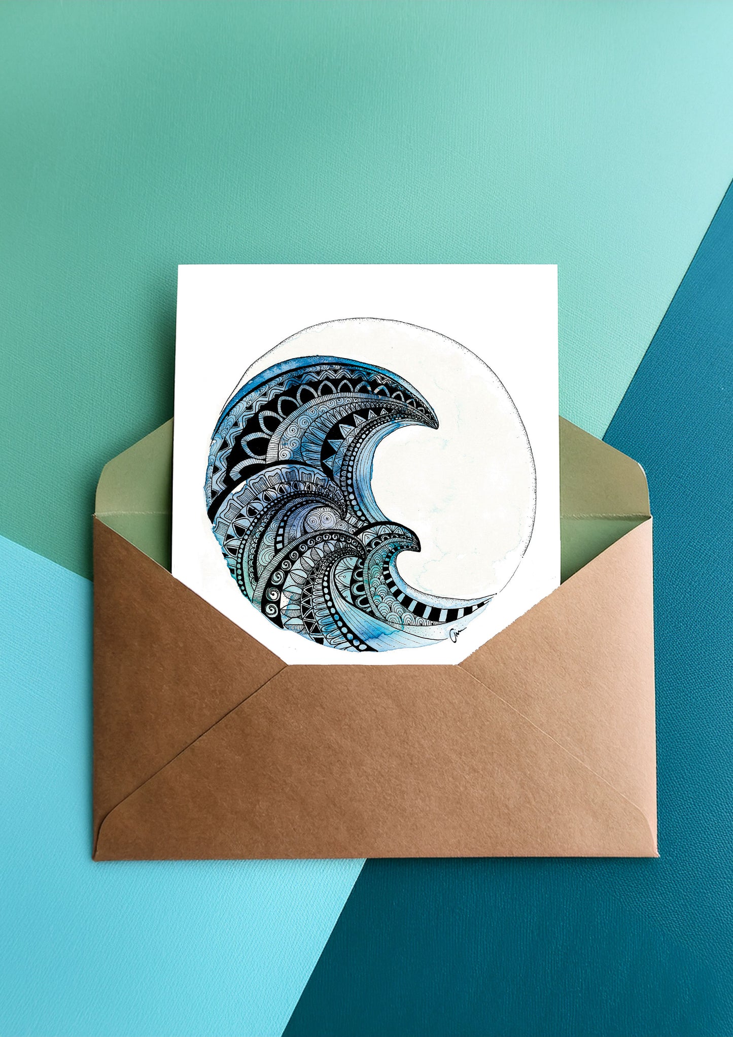 Wave Mandala Greeting Card – Watercolour & Ink Illustration