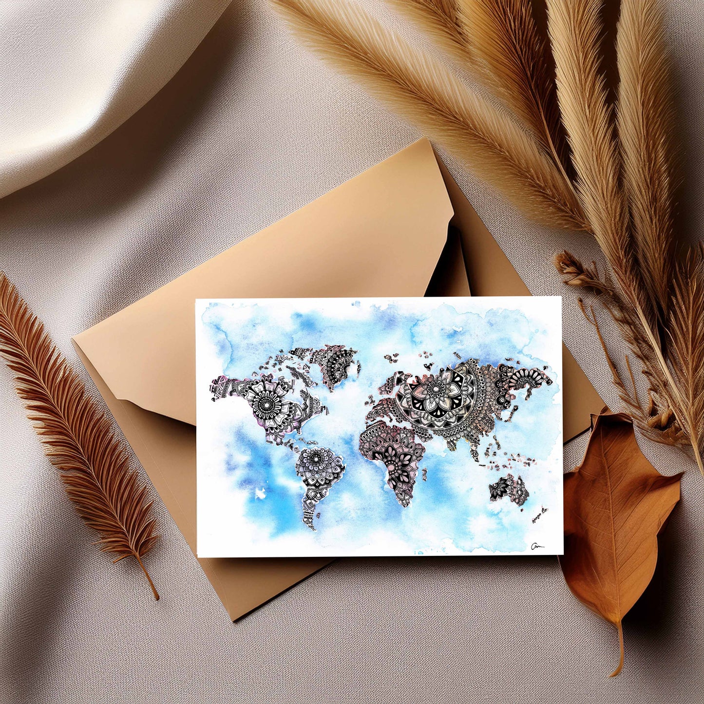 Wanderlust Greeting Card – Pastel World Map Watercolour Free Spirit Art Gift Card