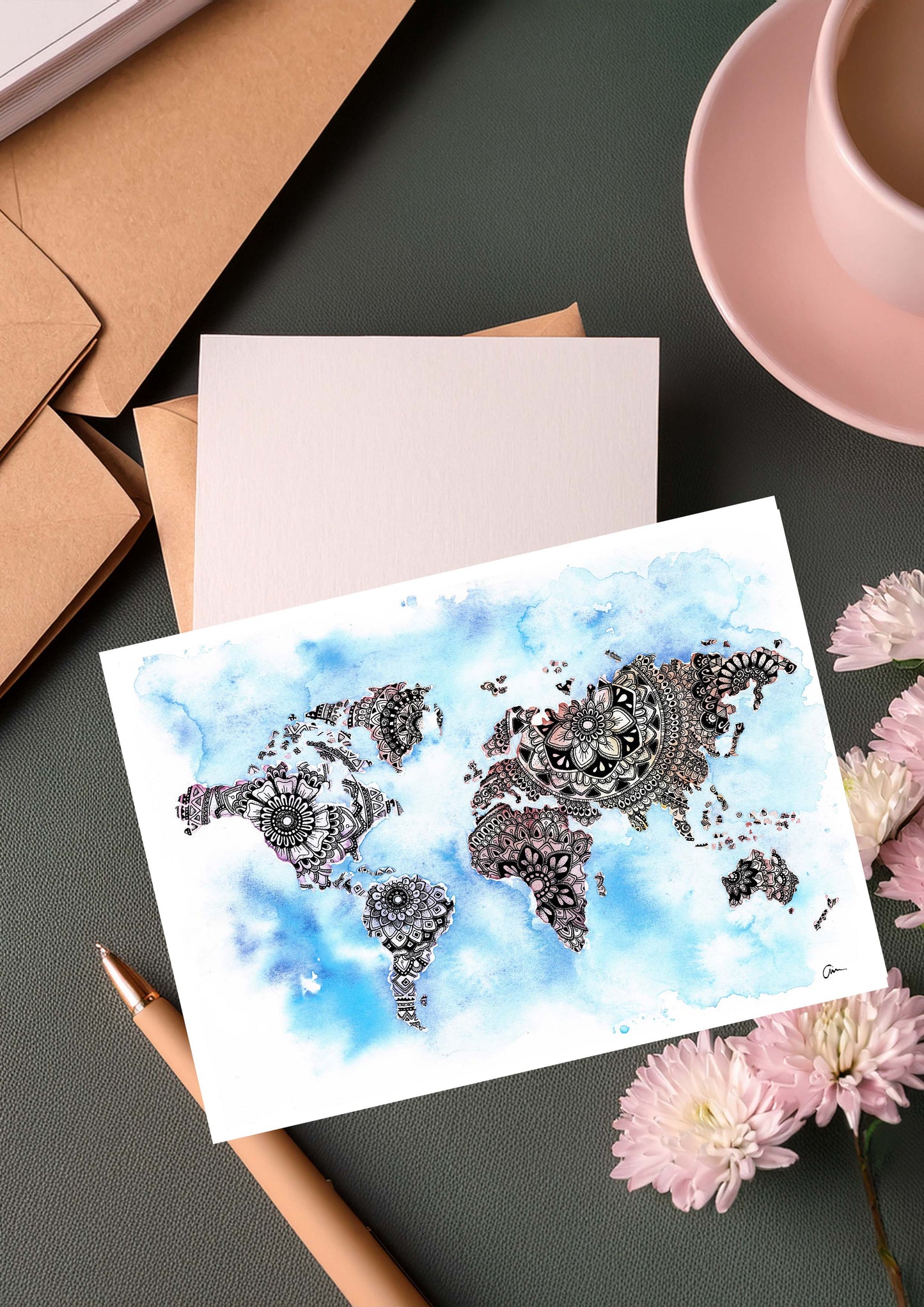 Wanderlust Greeting Card – Pastel World Map Watercolour Free Spirit Art Gift Card