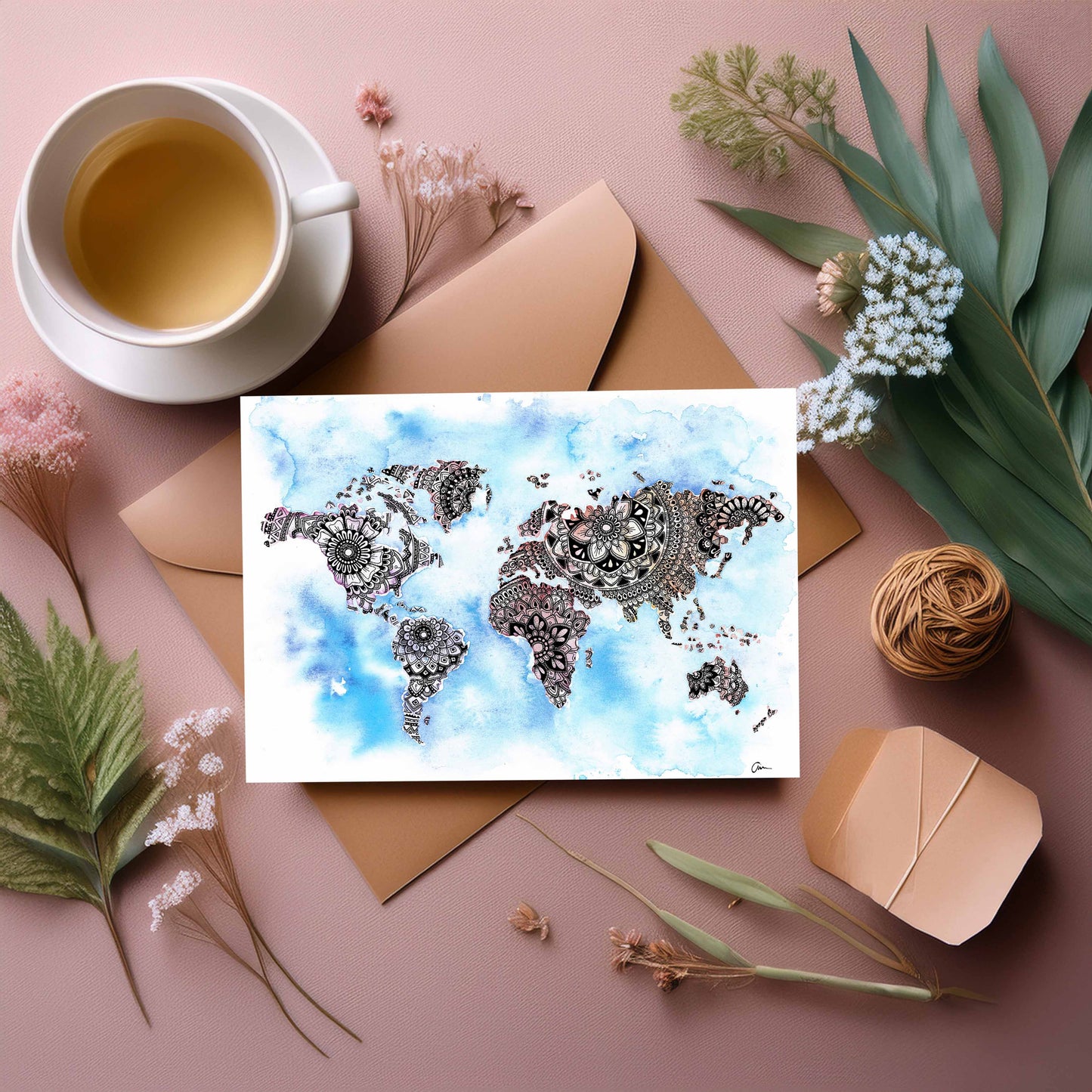 Wanderlust Greeting Card – Pastel World Map Watercolour Free Spirit Art Gift Card