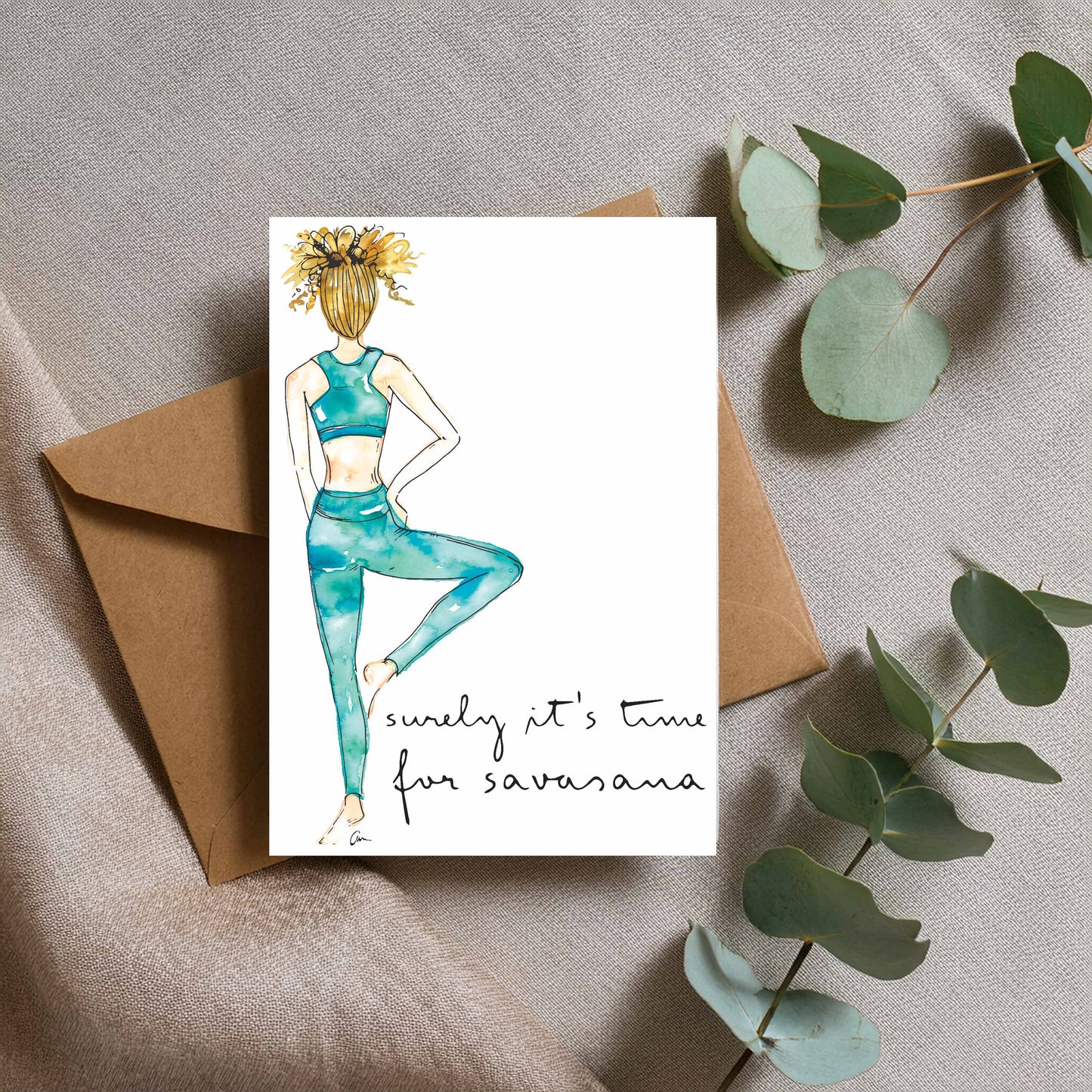 Tree Pose Greeting Card -Yoga Girl Vrikshasana Watercolour Illustration with quote