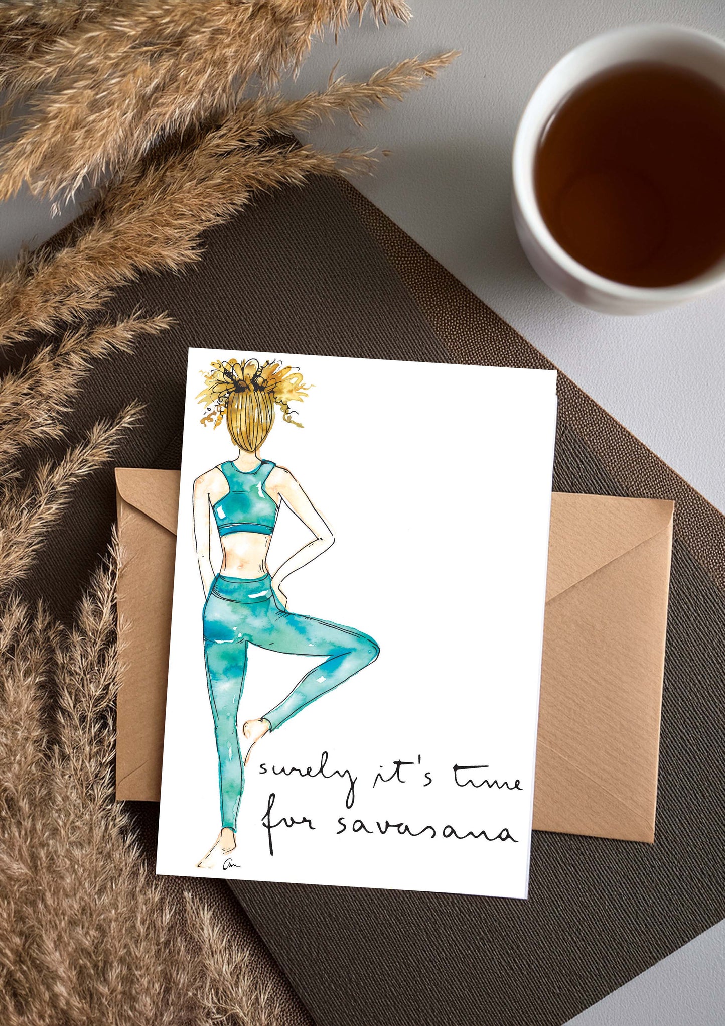 Tree Pose Greeting Card -Yoga Girl Vrikshasana Watercolour Illustration with quote