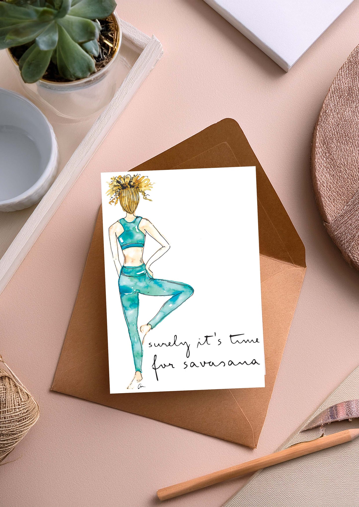 Tree Pose Greeting Card -Yoga Girl Vrikshasana Watercolour Illustration with quote