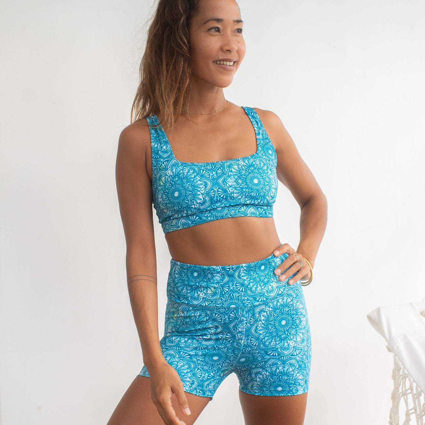 Bike Shorts + Crop Activewear Set - Patterned Mandala Turquoise Blue