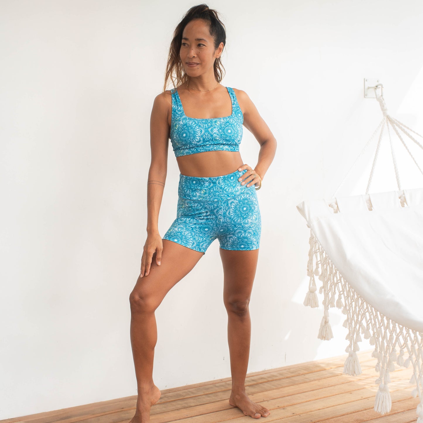 Bike Shorts + Crop Activewear Set - Patterned Mandala Turquoise Blue