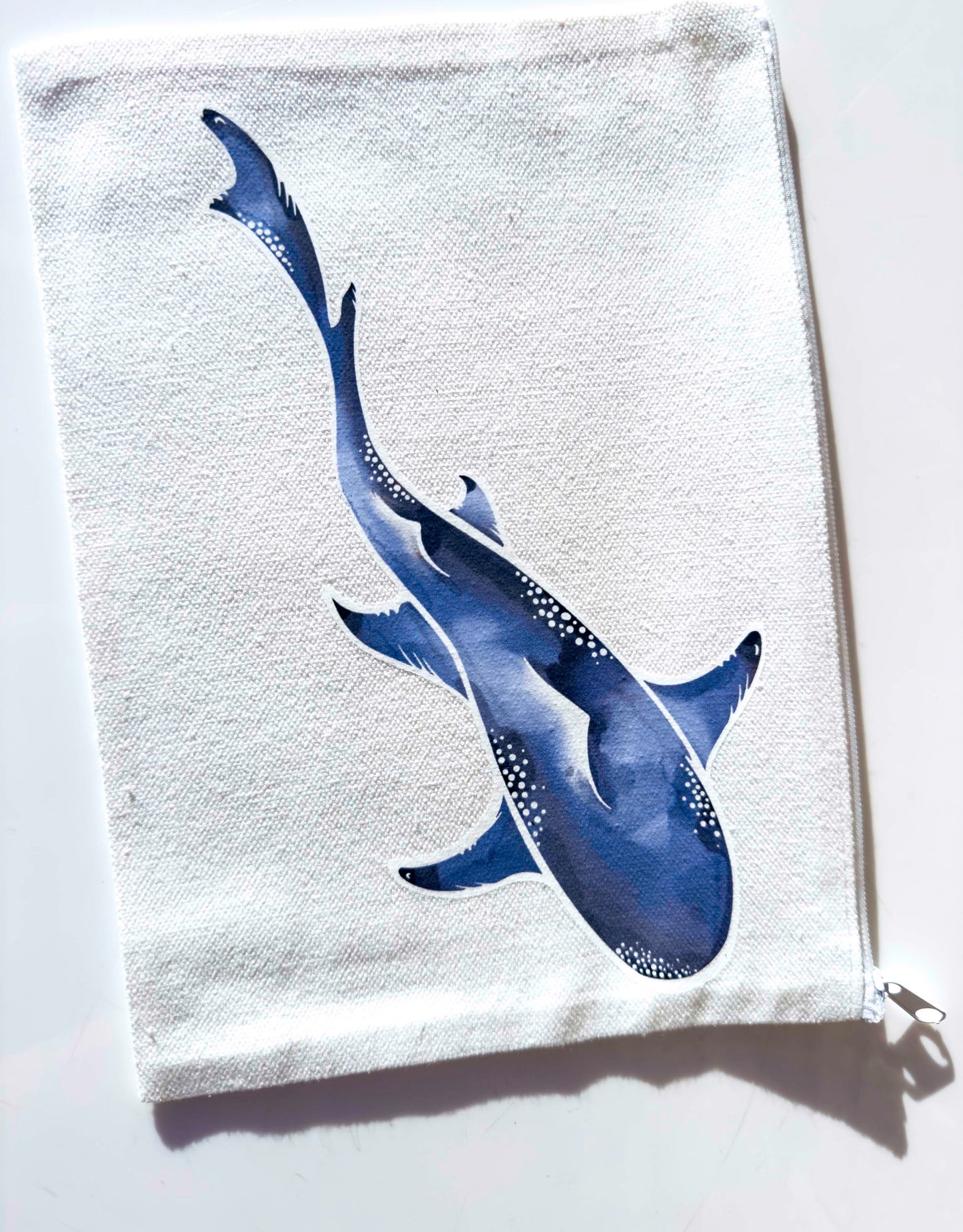 Shark Make-up Bag | Canvas Pouch with Artisan Watercolour Illustration – Art You Can Carry (Copy) – close up detail