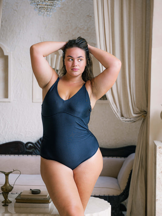 Underwire One Piece Swimsuit -  Black Ribbed Textured