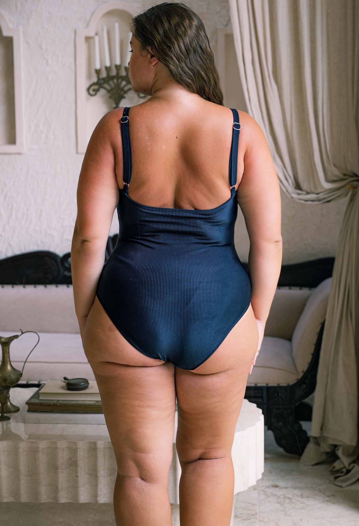 Underwire One Piece Swimsuit -  Black Ribbed Textured