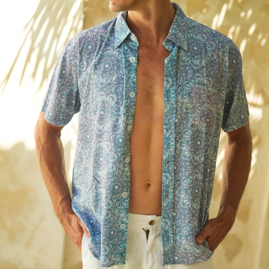 Button Up Shirt Mandala Blue
