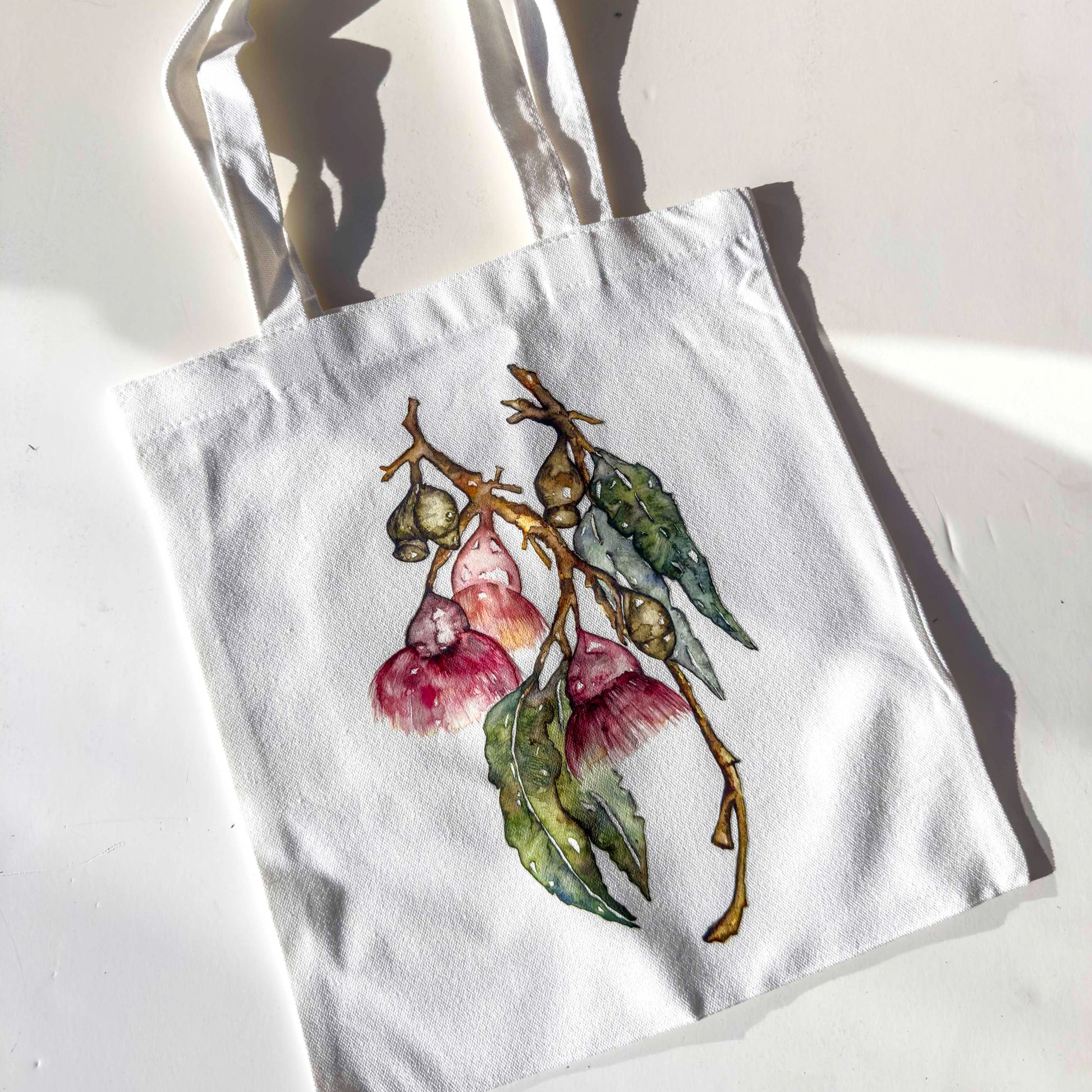 Bottle Brush Australian Flower Handmade White Canvas  Tote Bag –  Art You Can Carry – close up detail