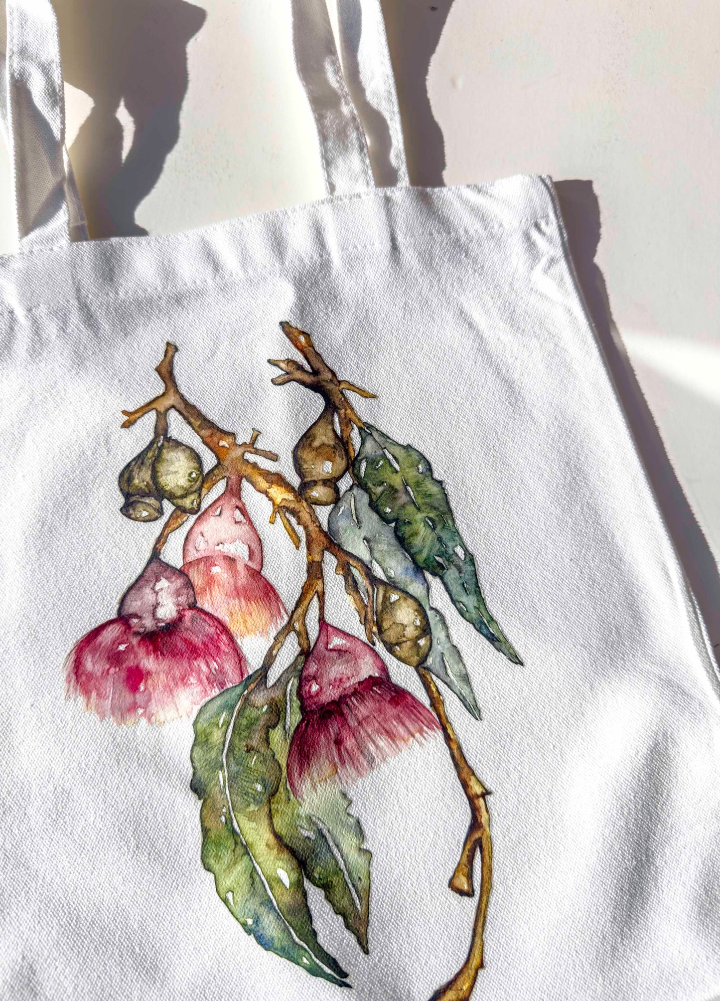 Bottle Brush Australian Flower Handmade White Canvas  Tote Bag –  Art You Can Carry – full view