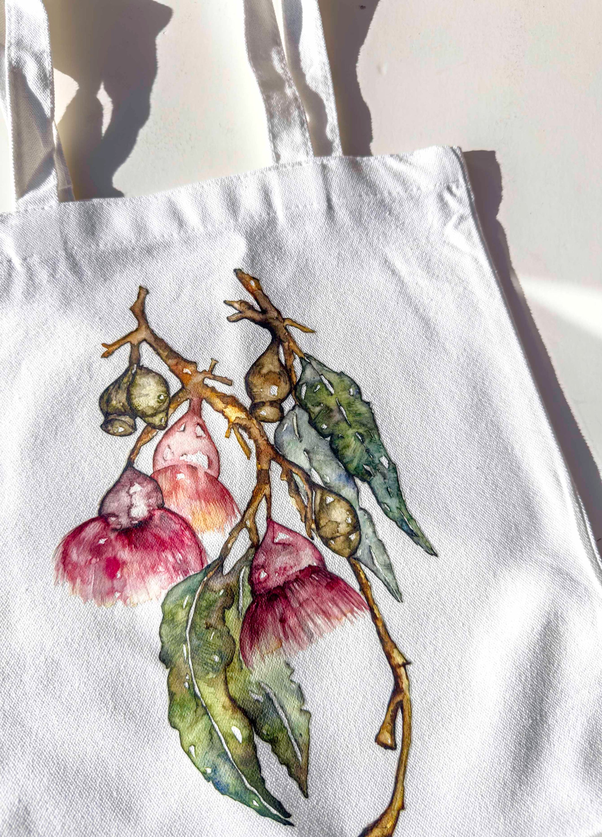 Bottle Brush Australian Flower Handmade White Canvas  Tote Bag –  Art You Can Carry – full view