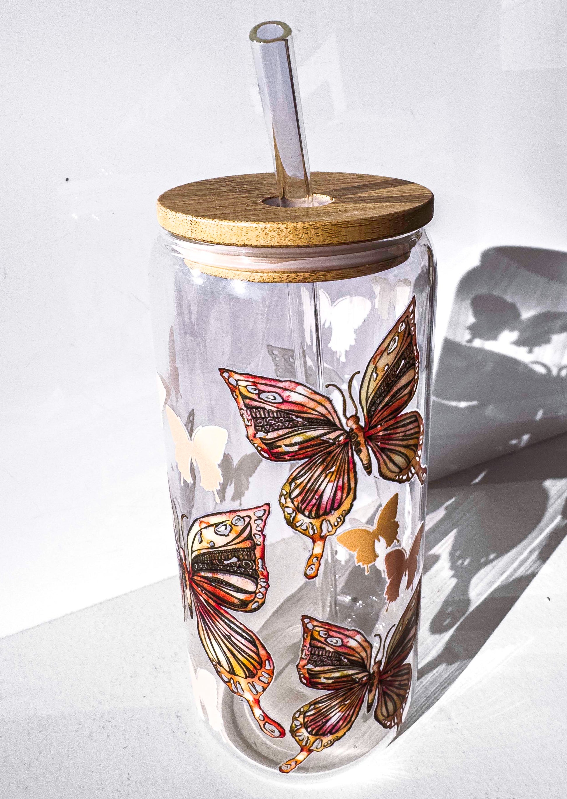 Butterfly Glass Tumblers Drinking Cup with Lid - Hand Drawn Illustraion UV DTF Stickers – close up detail