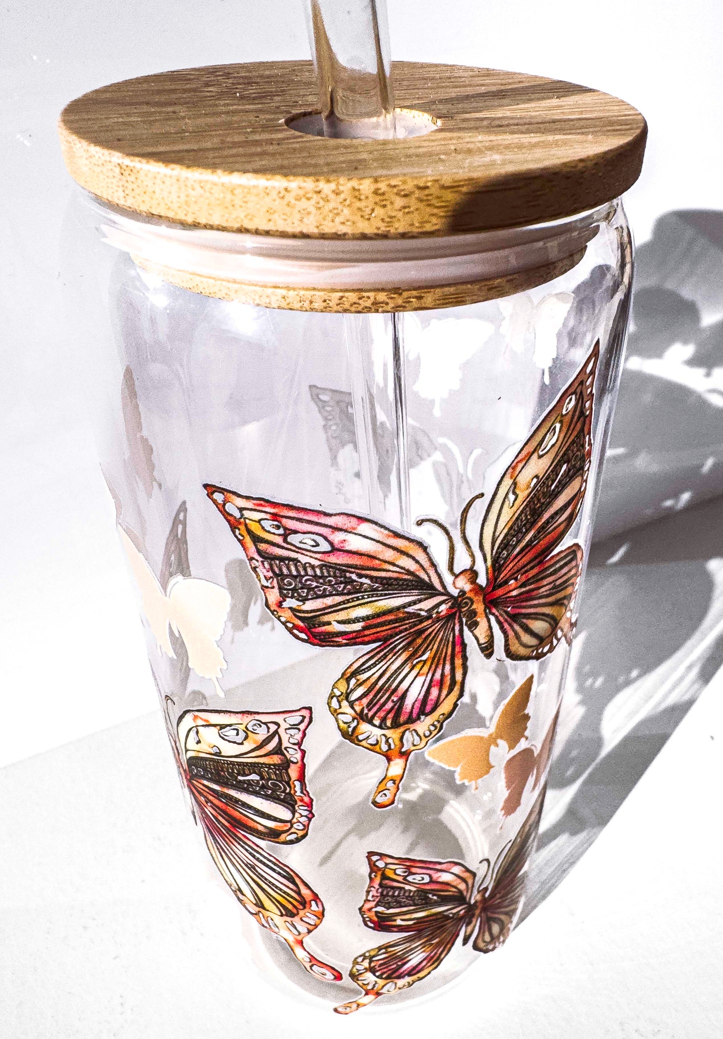 Butterfly Glass Tumblers Drinking Cup with Lid - Hand Drawn Illustraion UV DTF Stickers