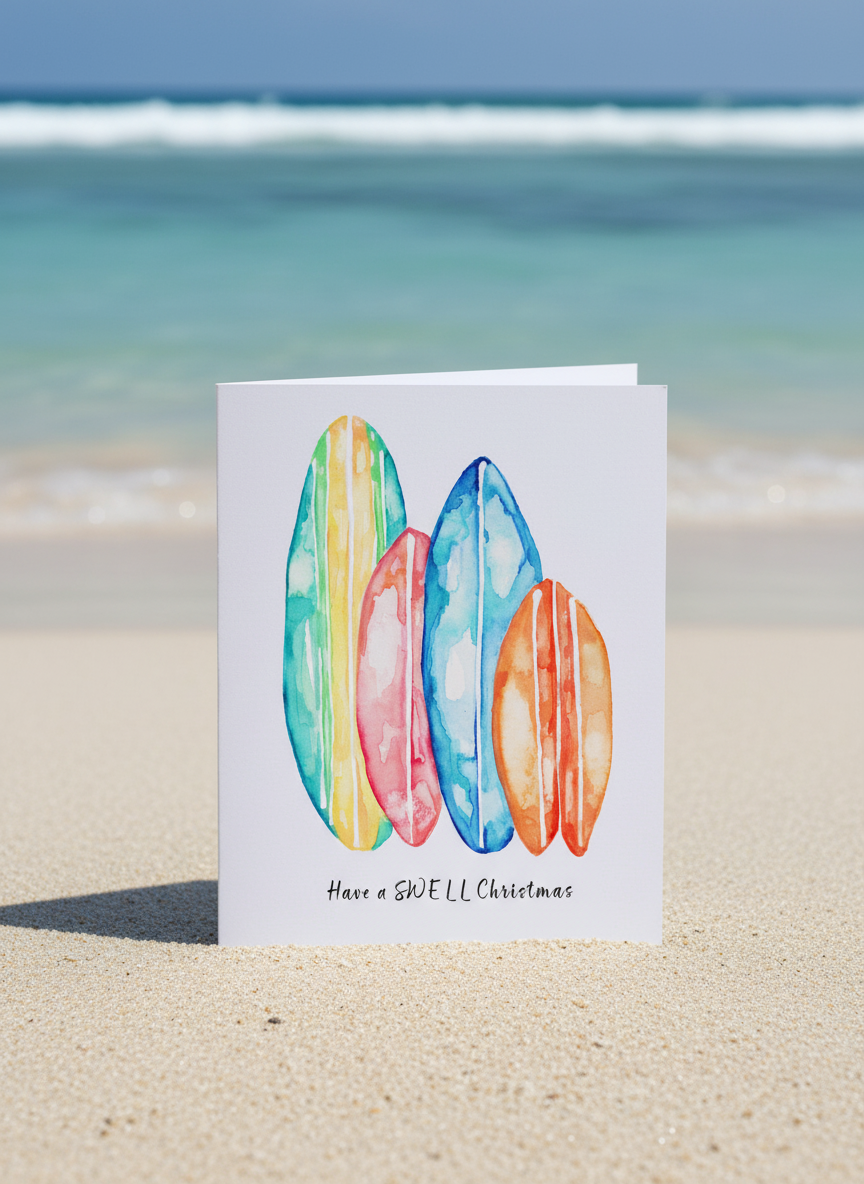 Aussie Surfboard Christmas Card – “Have a Swell Christmas” Watercolour Art Greeting Card