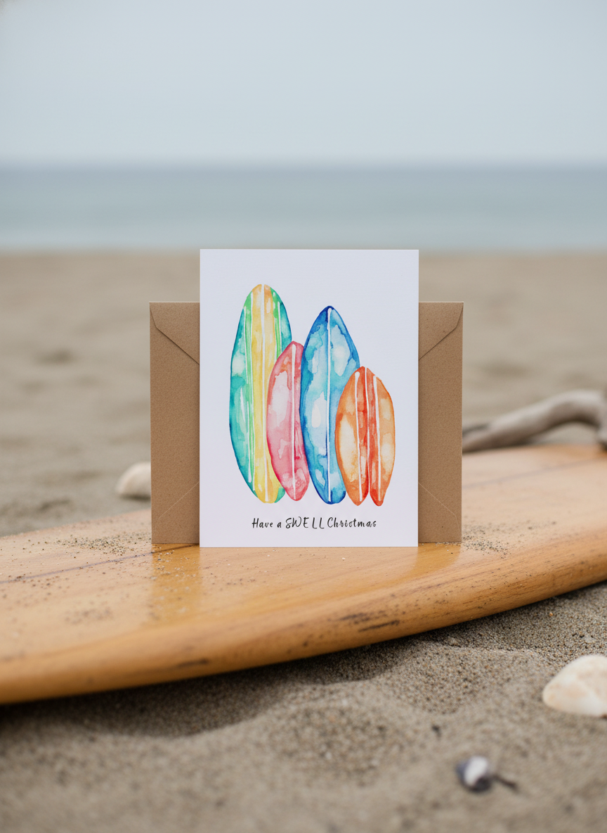 Aussie Surfboard Christmas Card – “Have a Swell Christmas” Watercolour Art Greeting Card