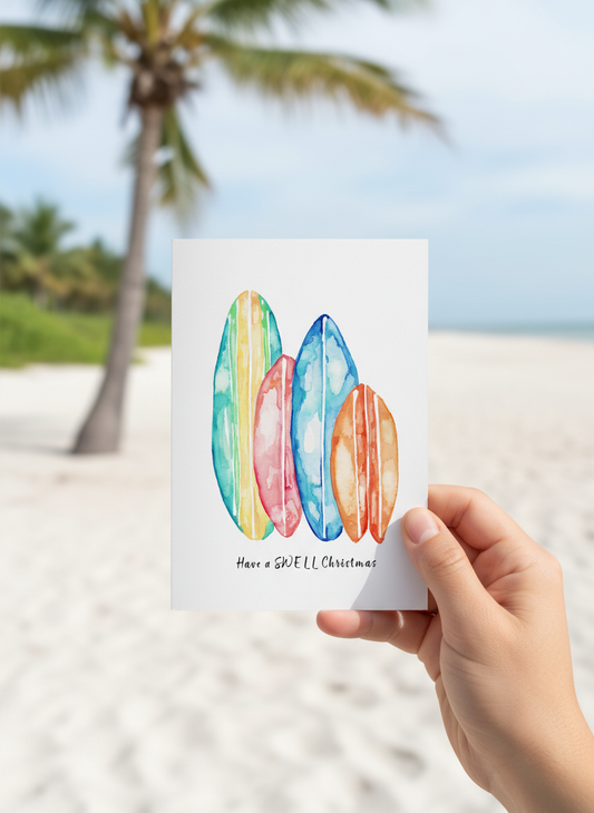Aussie Surfboard Christmas Card – “Have a Swell Christmas” Watercolour Art Greeting Card