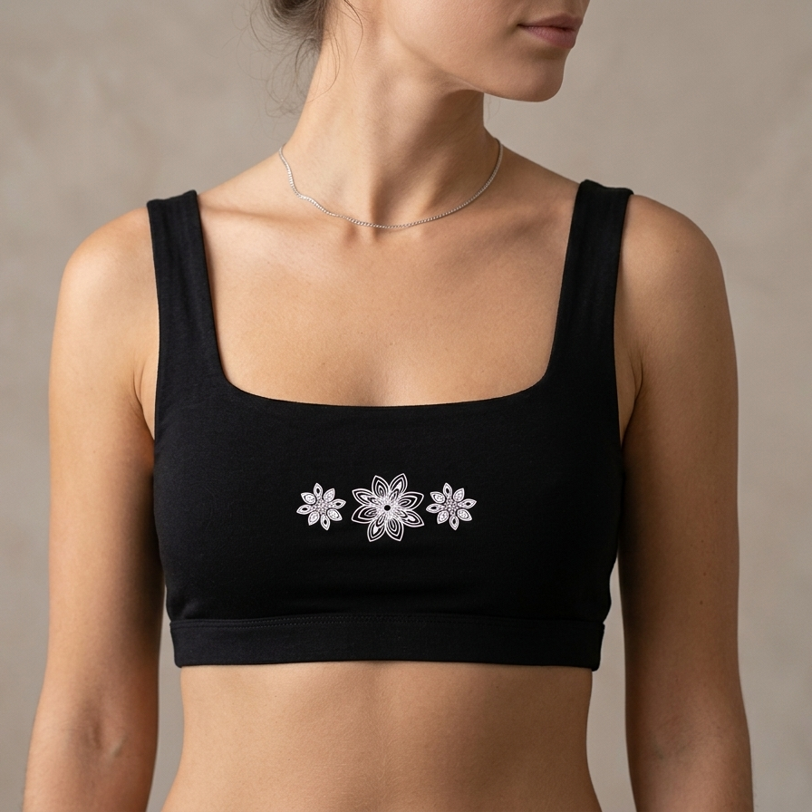 Black Organic Cotton Crop Top – Natural Fabric Everyday Sports Bra – side view