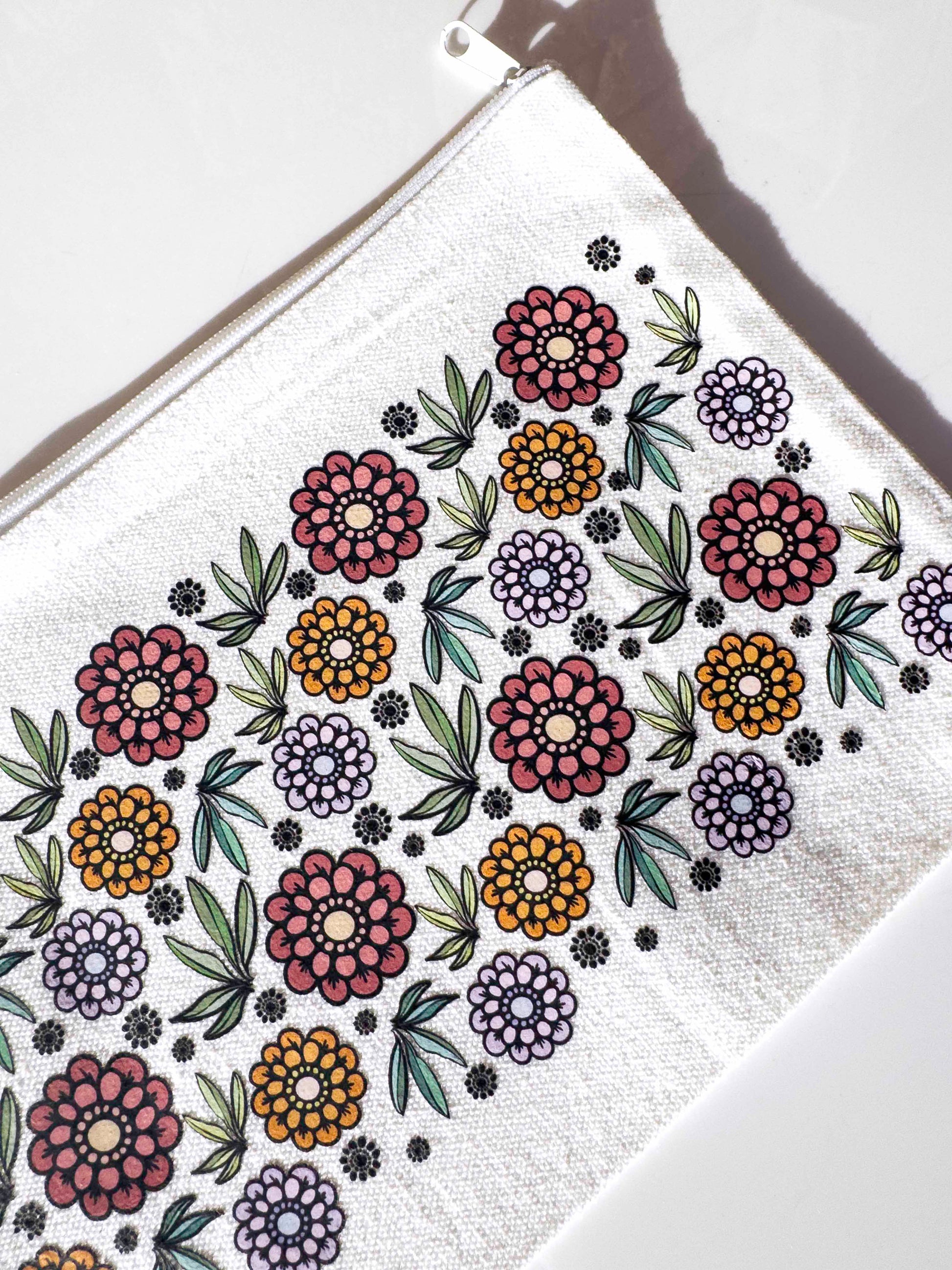 Flower Make-up Bag | Canvas Pouch with Artisan Watercolour Illustration – Art You Can Carry – close up detail