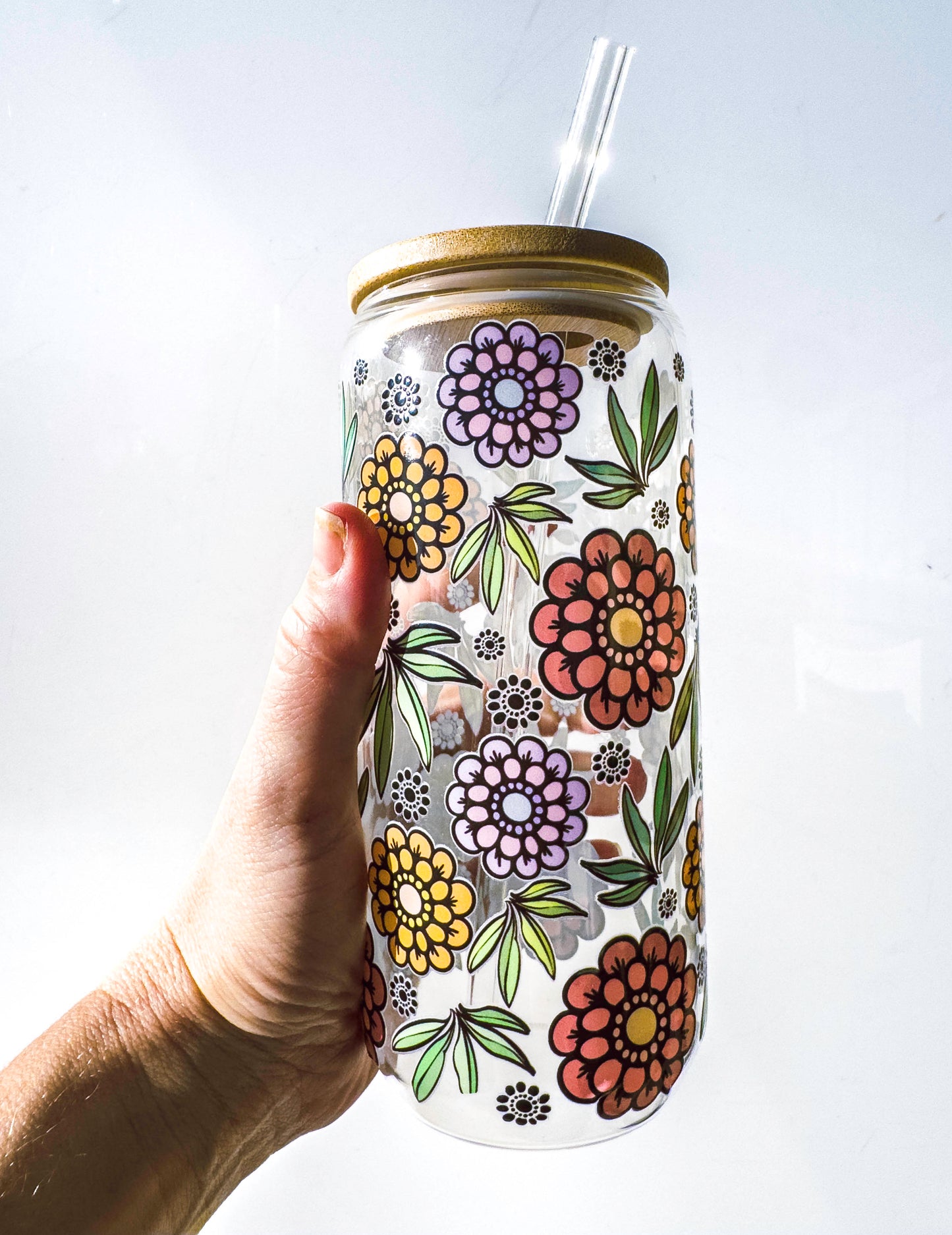 Flower Glass Tumblers Drinking Cup with Lid - Hand Drawn Illustraion UV DTF Stickers