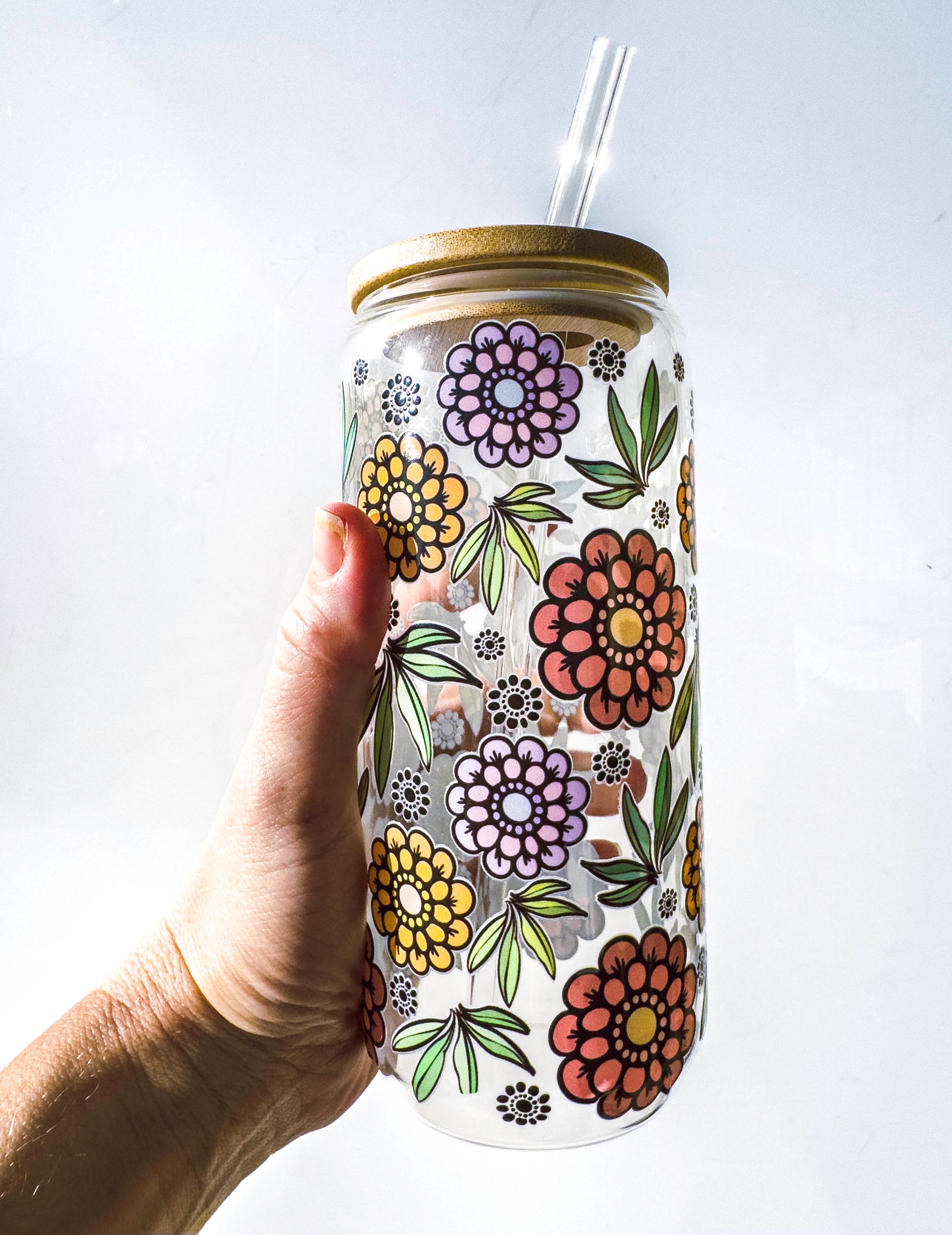 Flower Glass Tumblers Drinking Cup with Lid - Hand Drawn Illustraion UV DTF Stickers