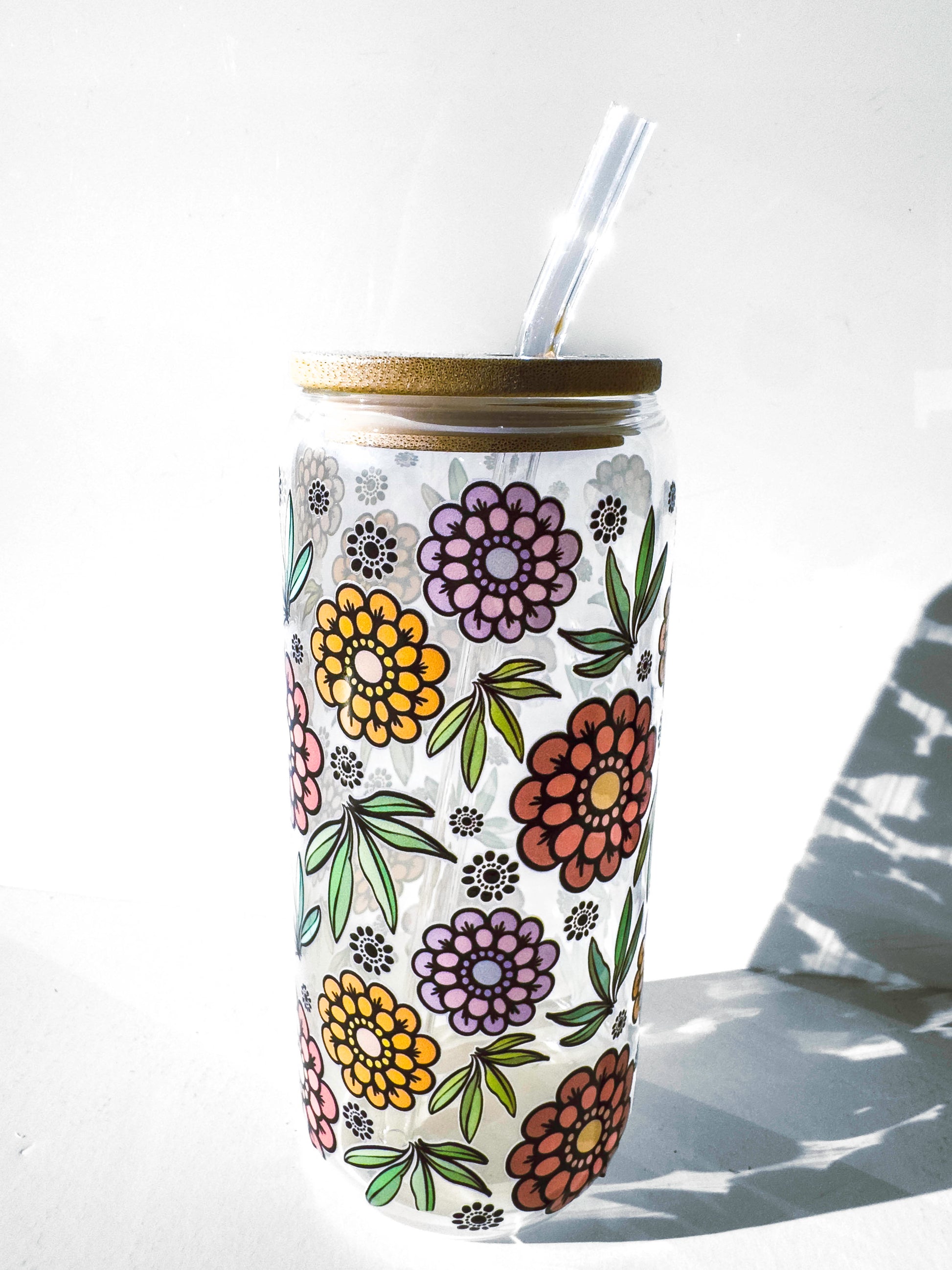 Flower Glass Tumblers Drinking Cup with Lid - Hand Drawn Illustraion UV DTF Stickers – close up detail