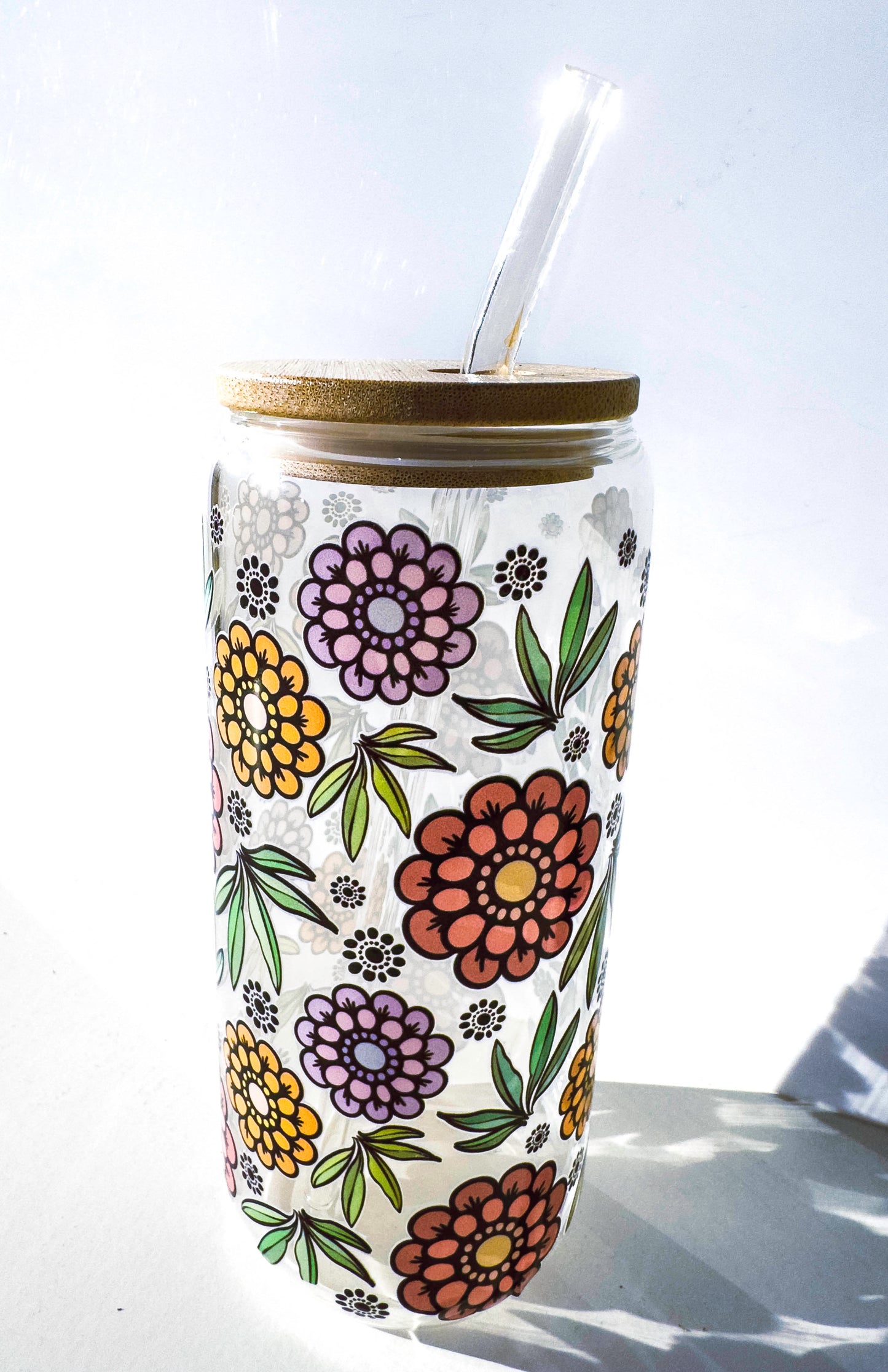 Flower Glass Tumblers Drinking Cup with Lid - Hand Drawn Illustraion UV DTF Stickers – full view