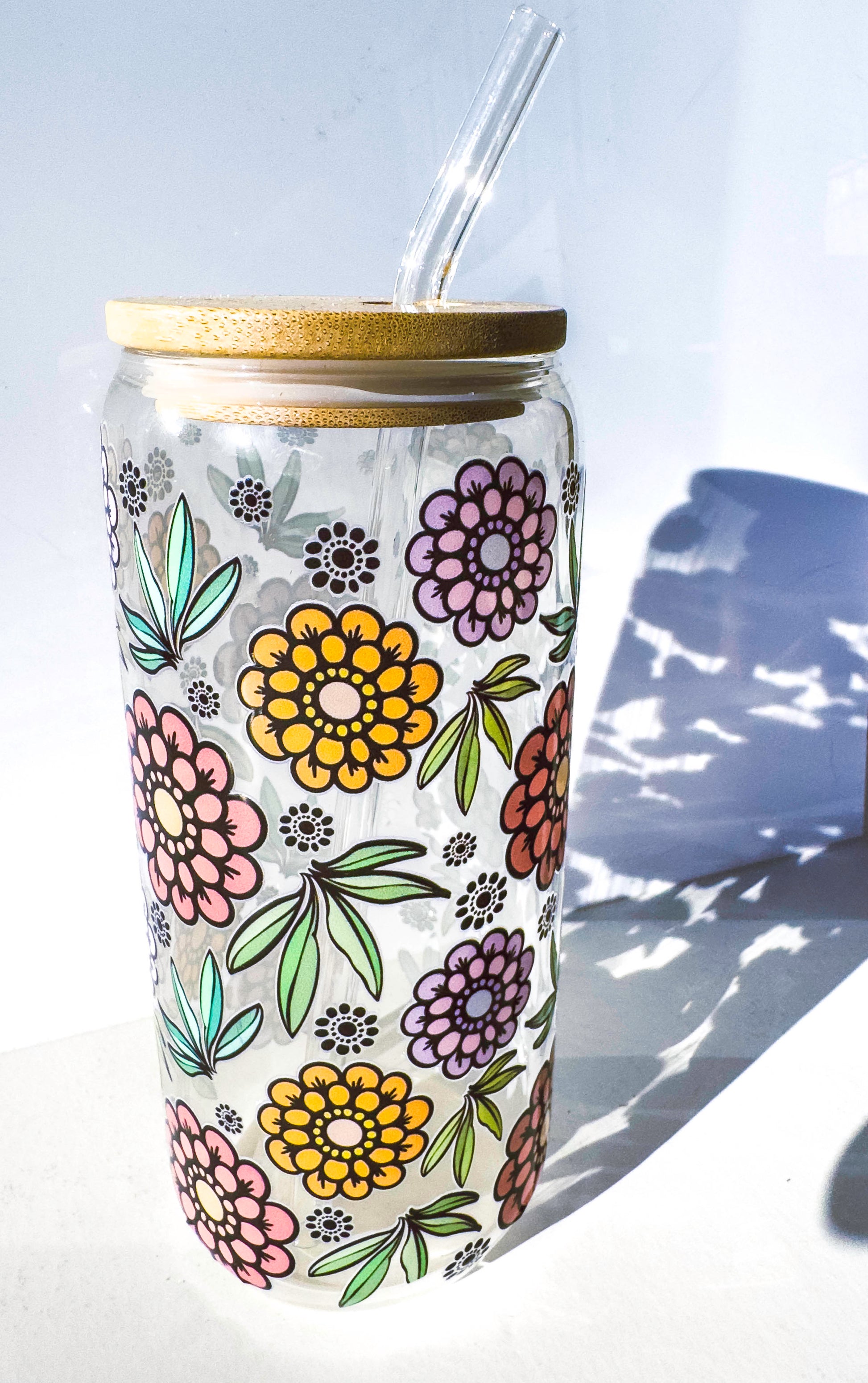 Flower Glass Tumblers Drinking Cup with Lid - Hand Drawn Illustraion UV DTF Stickers – framed