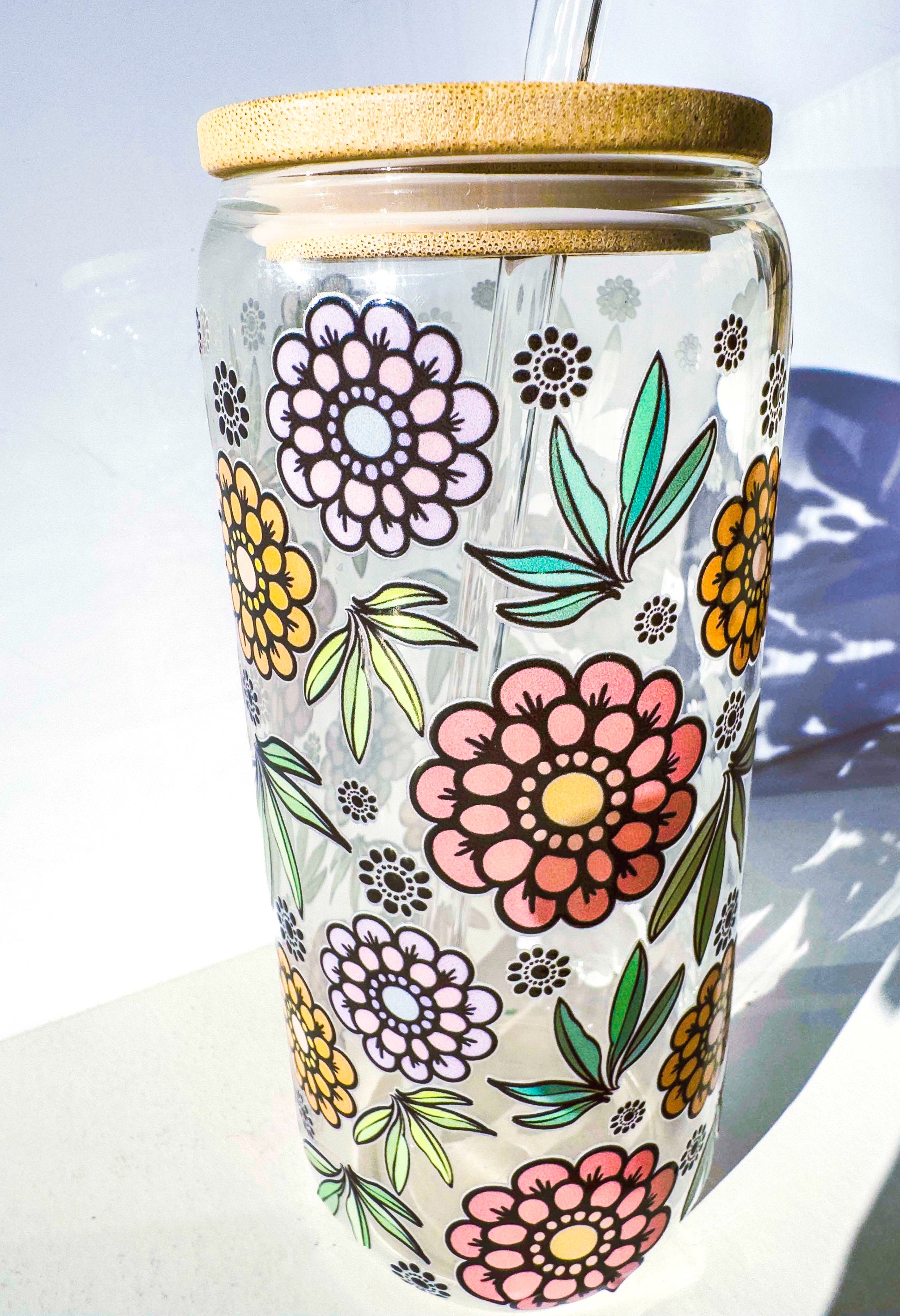 Flower Glass Tumblers Drinking Cup with Lid - Hand Drawn Illustraion UV DTF Stickers – detail