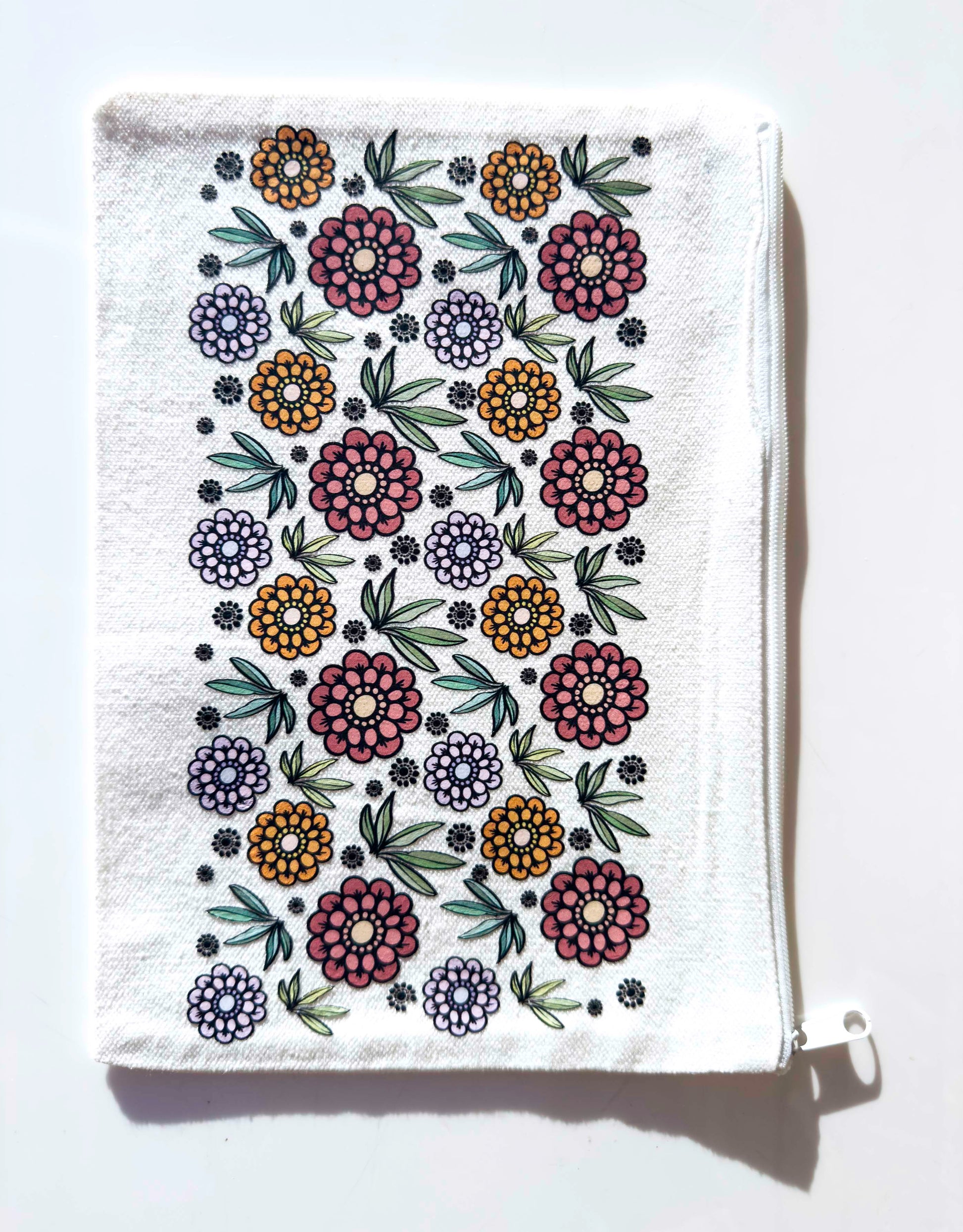 Flower Make-up Bag | Canvas Pouch with Artisan Watercolour Illustration – Art You Can Carry – in situ