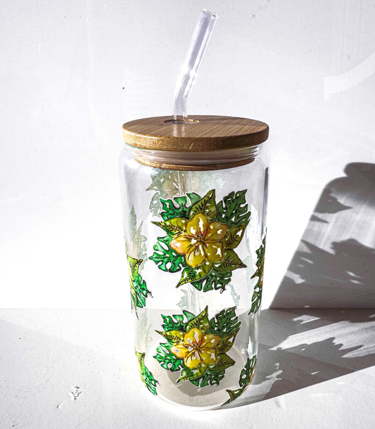 Franjipani Glass Tumblers Drinking Cup with Lid - Hand Drawn Illustraion UV DTF Sticker