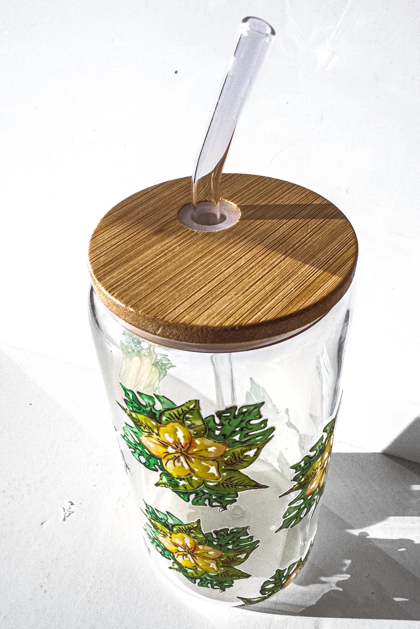 Franjipani Glass Tumblers Drinking Cup with Lid - Hand Drawn Illustraion UV DTF Sticker – close up detail