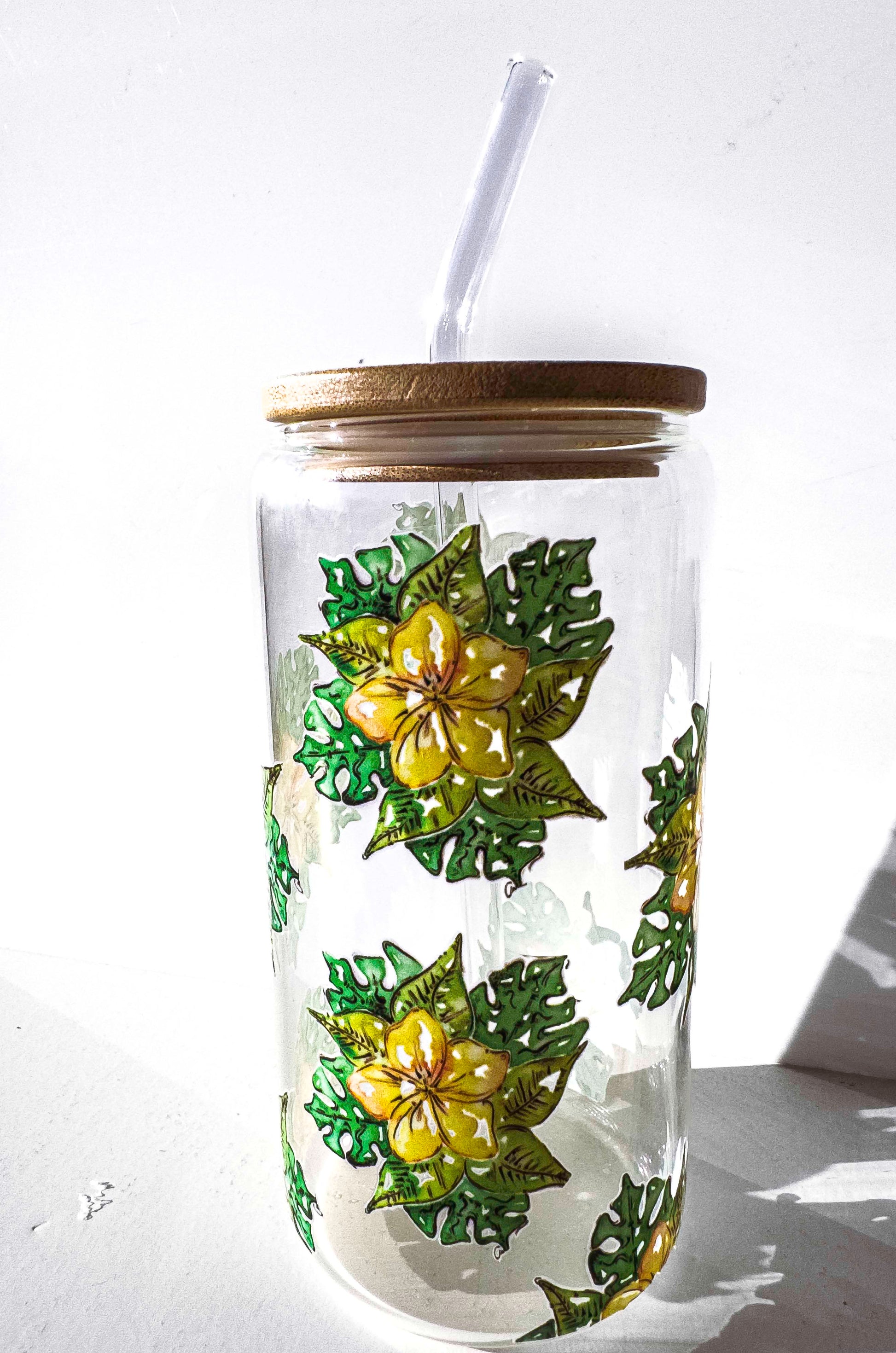 Franjipani Glass Tumblers Drinking Cup with Lid - Hand Drawn Illustraion UV DTF Sticker – framed