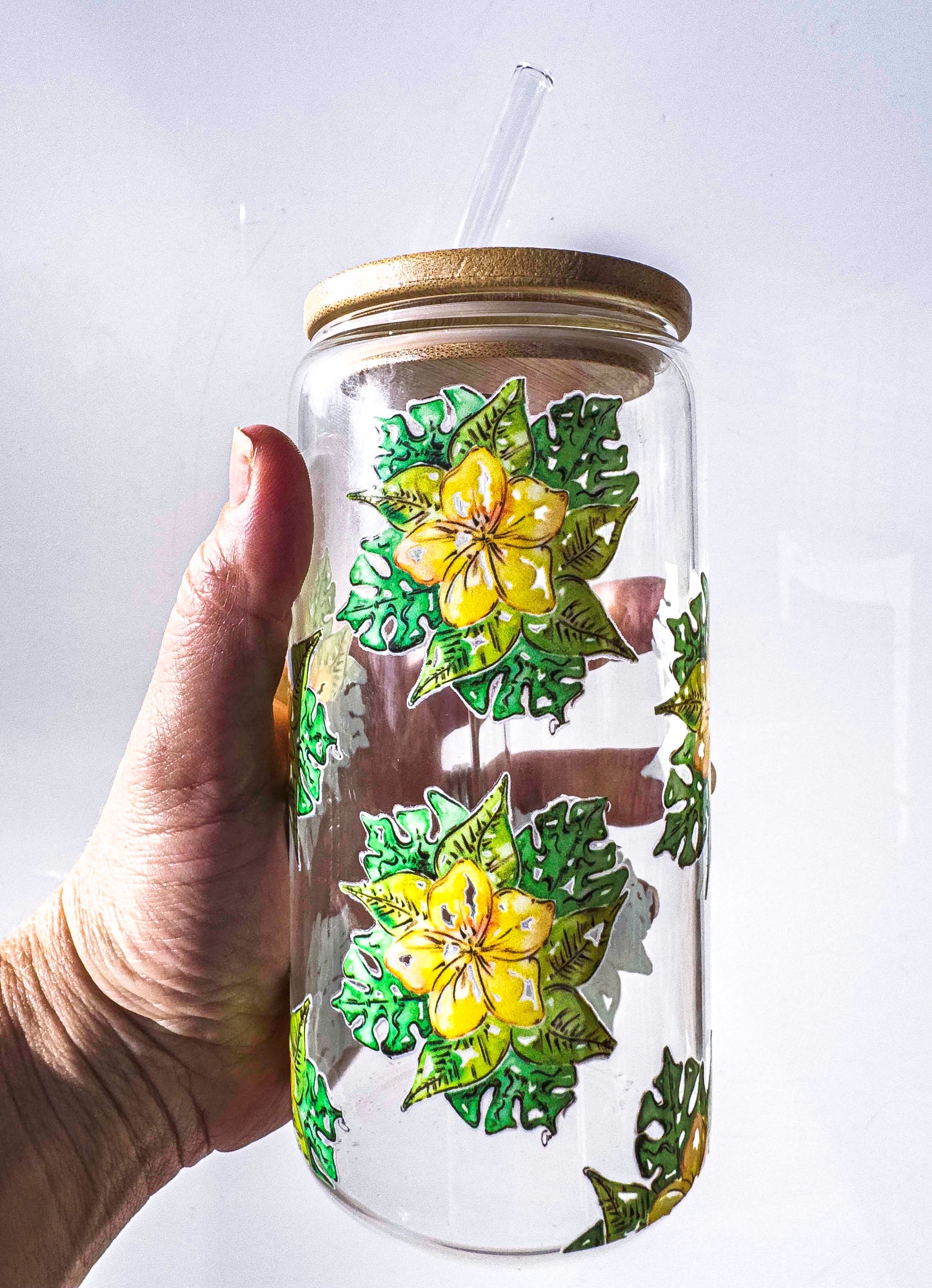 Franjipani Glass Tumblers Drinking Cup with Lid - Hand Drawn Illustraion UV DTF Sticker – full view