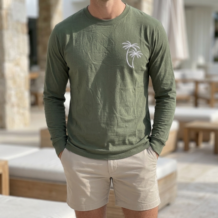 Long T-Shirt – Palm Tree Front Print - Deep Green