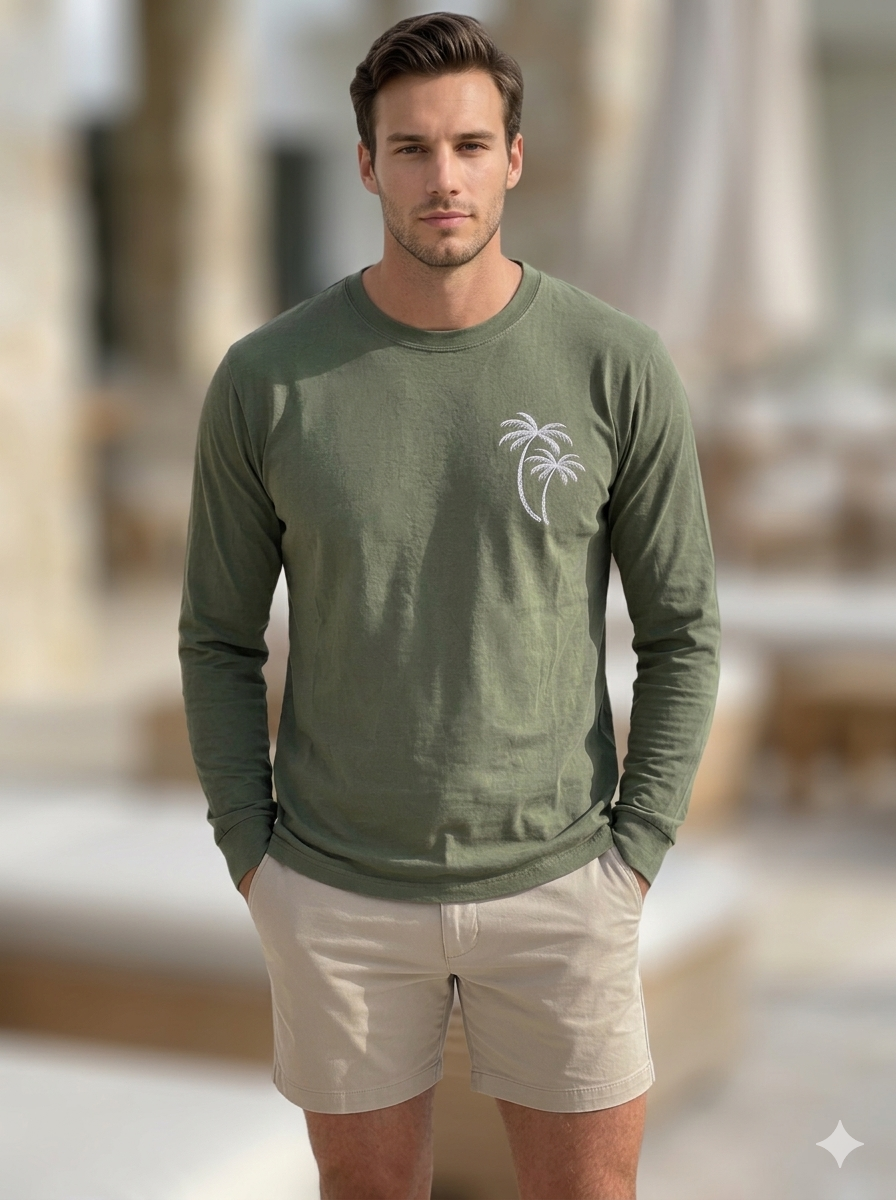 Long T-Shirt – Palm Tree Front Print - Deep Green – front view