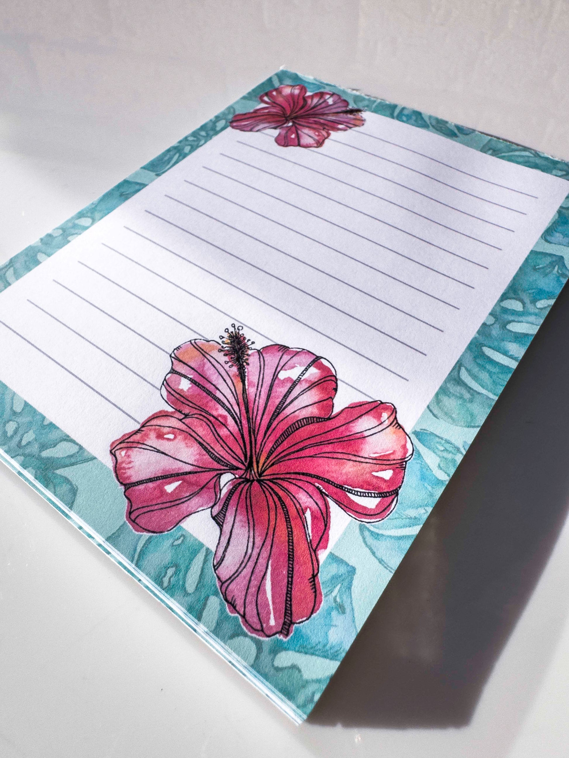 Hibiscus Flower Monstera Note Pad – Watercolour Tropical Flora Art Illustration