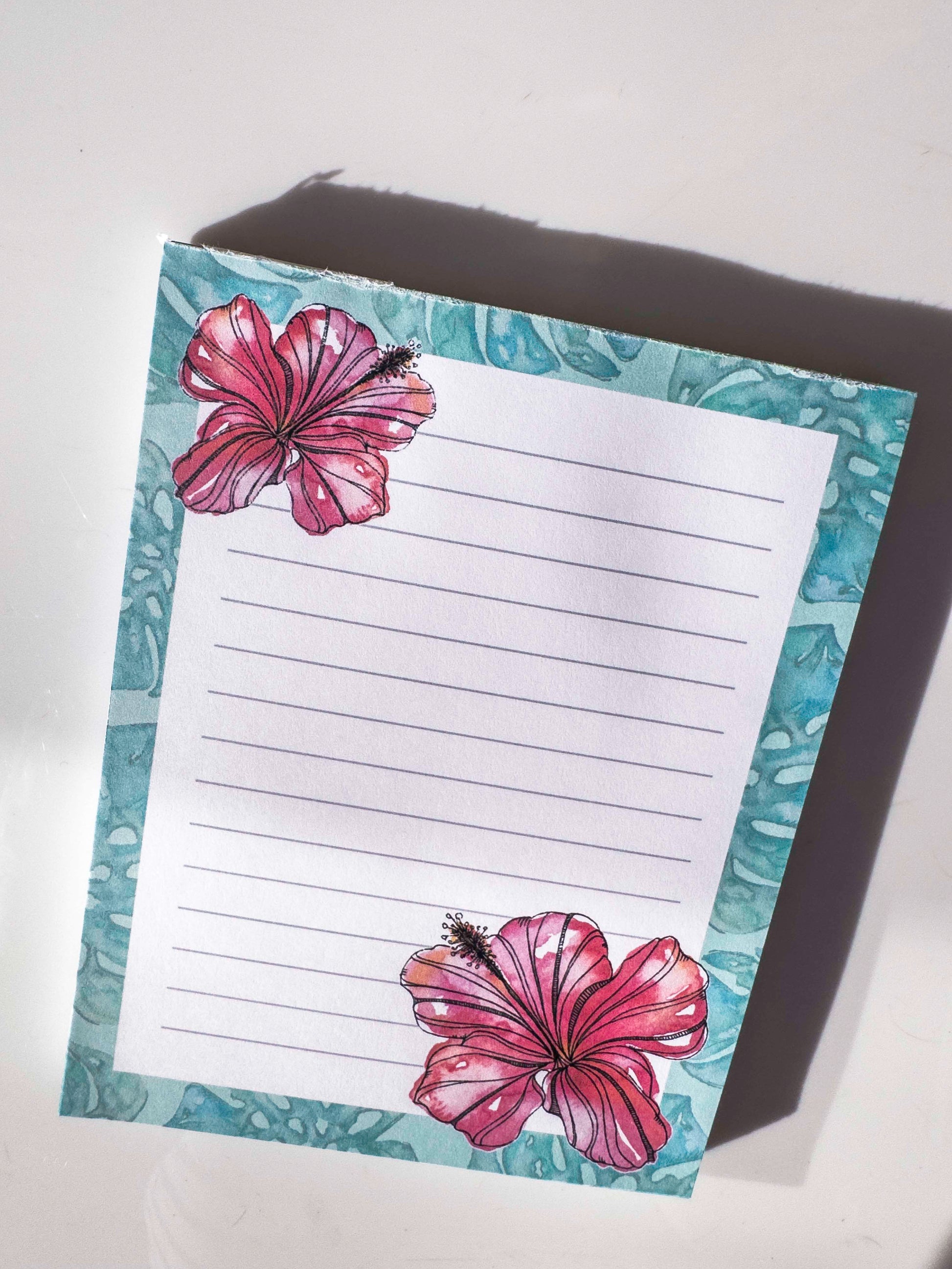 Hibiscus Flower Monstera Note Pad – Watercolour Tropical Flora Art Illustration – close up detail