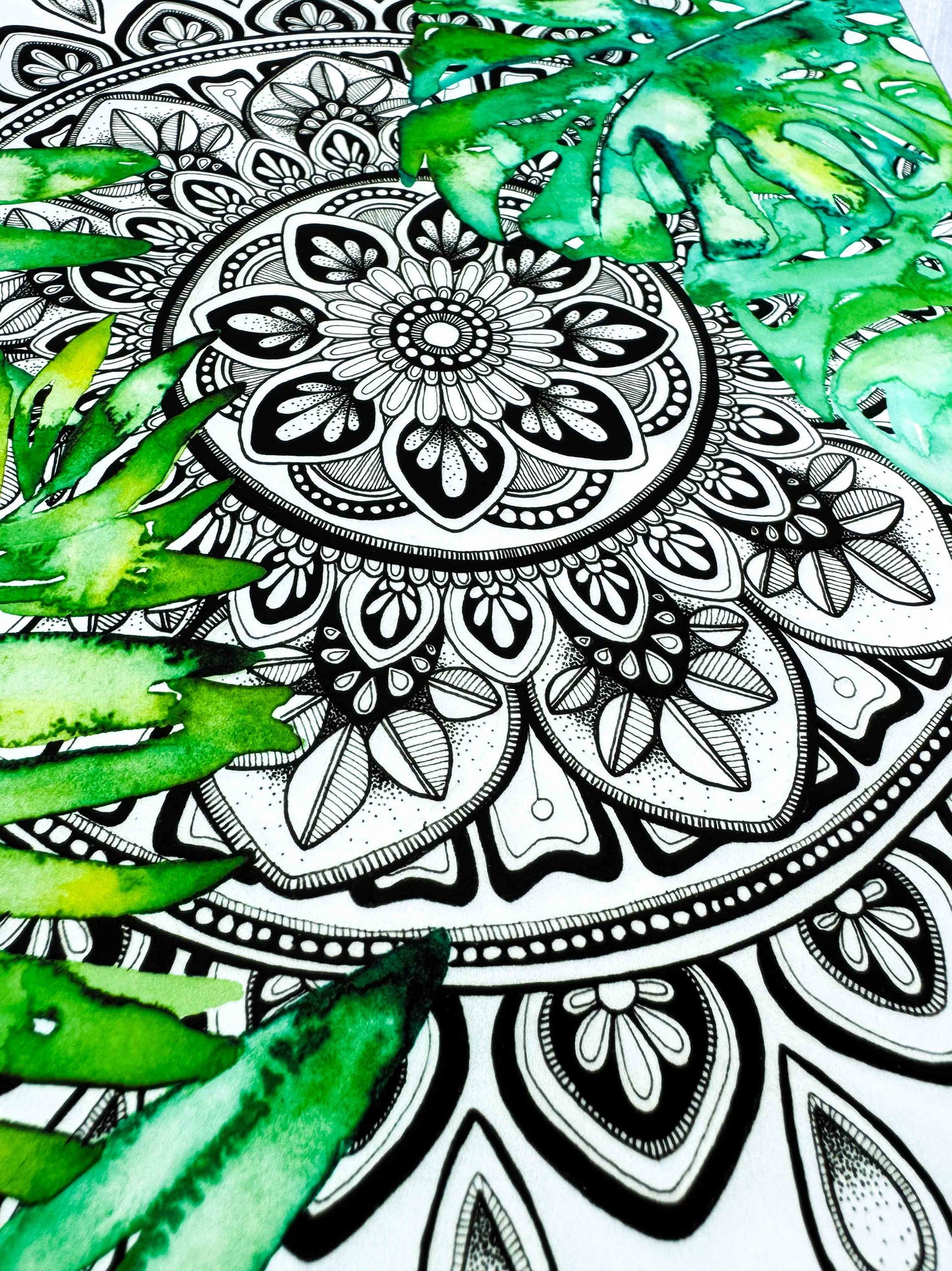 Mandala Art Print –  Black and White Mandala with Monsterra Botanical Watercolour