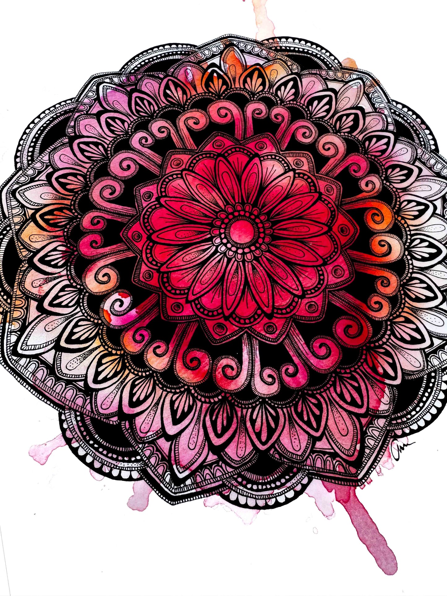 Mandala Greeting Card - Desert red, orange and pink hues Watercolour with Geometric Drawing