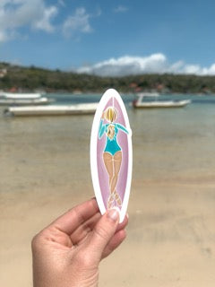 Surfer Girl Paddeling Vinyl Sticker -  Pink Surf Board